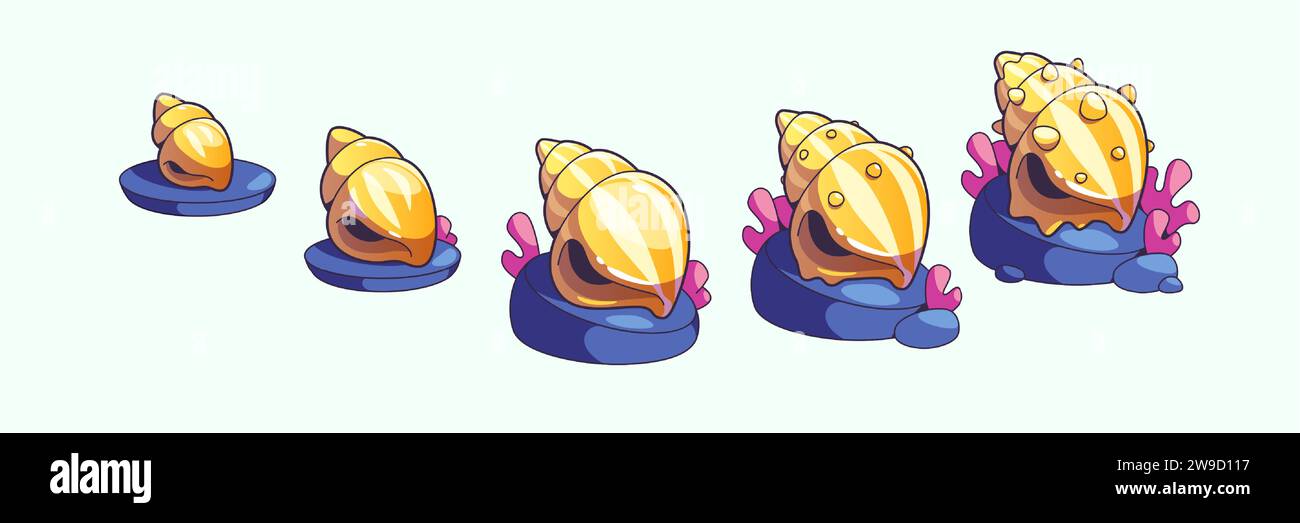 Design-Elemente für die benutzeroberfläche auf Spielebene von Sea Shell und Schiffen. Zeichentrickvektor-Illustration Sammlung von Evolutionsstadien der UnterwasserMuschel auf Stein mit Korallen und Algen. Muschelmuscheln mit Meereslauben oder Aquarien. Stock Vektor