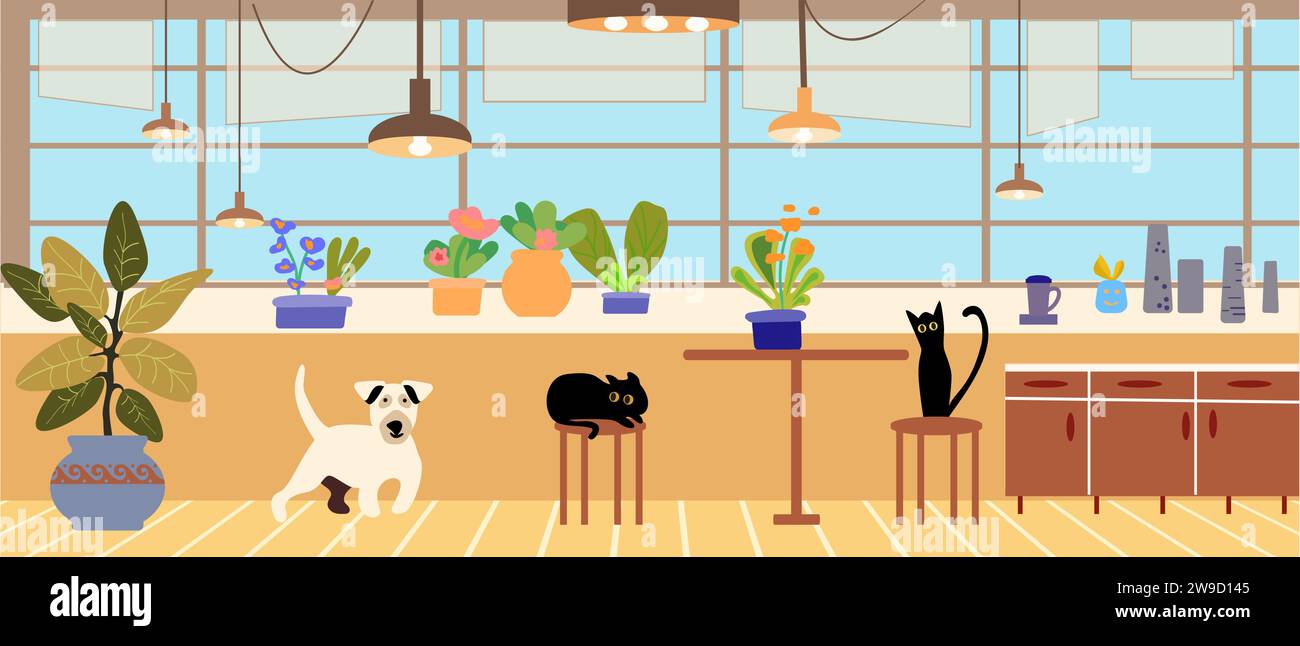 Haustierkatzen und Hunde in der Wohnung. Glückliche Haustiere flache Vektorillustration. Innenraum. Freundschaft, Liebe zum Haustier Konzept für Banner, Website d Stock Vektor