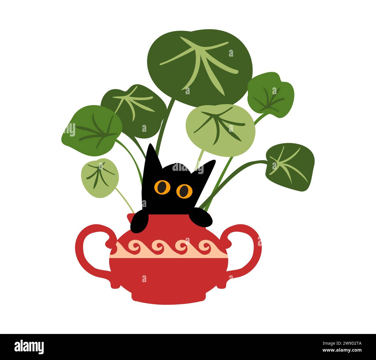 Eine fröhliche schwarze Katze versteckte sich in einem Topf mit einer Zimmerpflanze. Kätzchen spielen. Palme in einer Vase. Vektorabbildung Stockfoto