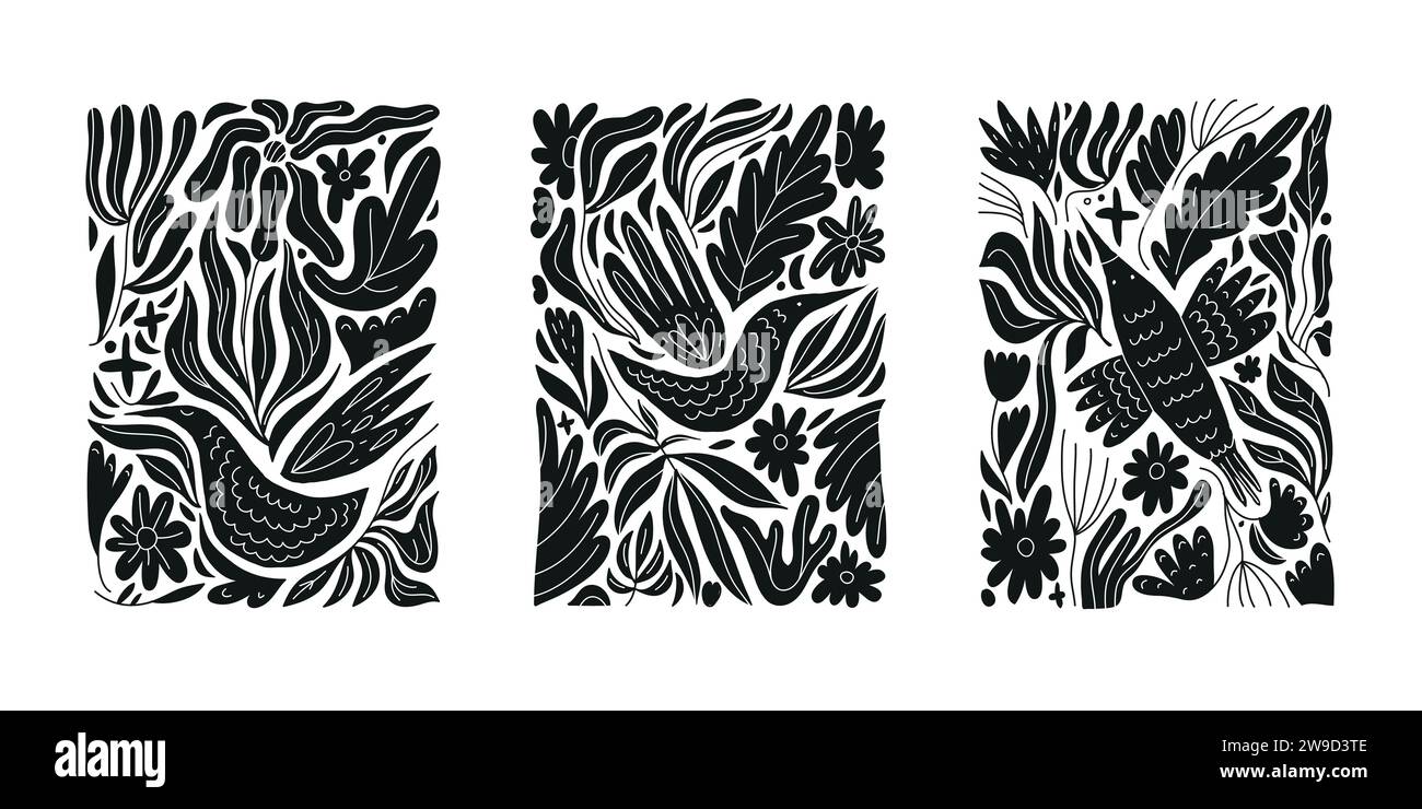 Vektor-Set von Blumenkunst mit Vögeln Illustrationen. Schwarz-weiße Silhouette Boho-Poster, Drucke mit Blättern. Collage-Elemente mit organischem Design Stock Vektor