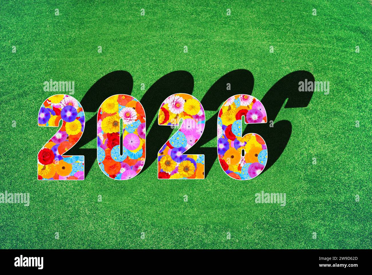Jahr, Nummer 2026, geschrieben mit Blumenmuster von vielen verschiedenen Blumen und Farben Stockfoto