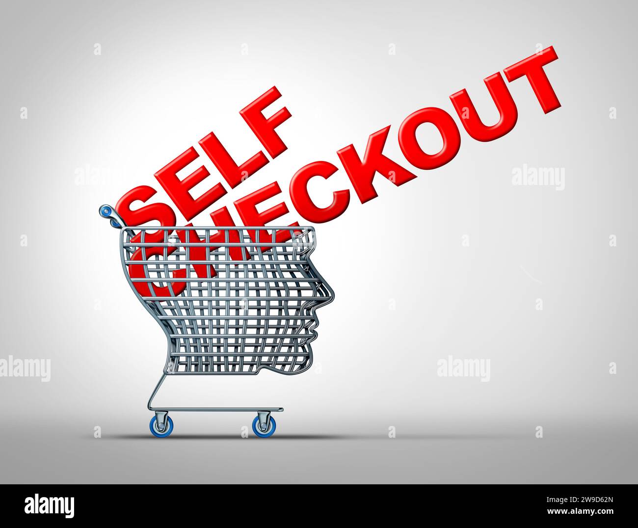Self Checkout als Einzelhandelskonzept und autonomes Kassierertechnologiesymbol als Einkaufswagen, der den Konsum und den modernen Trubel repräsentiert Stockfoto