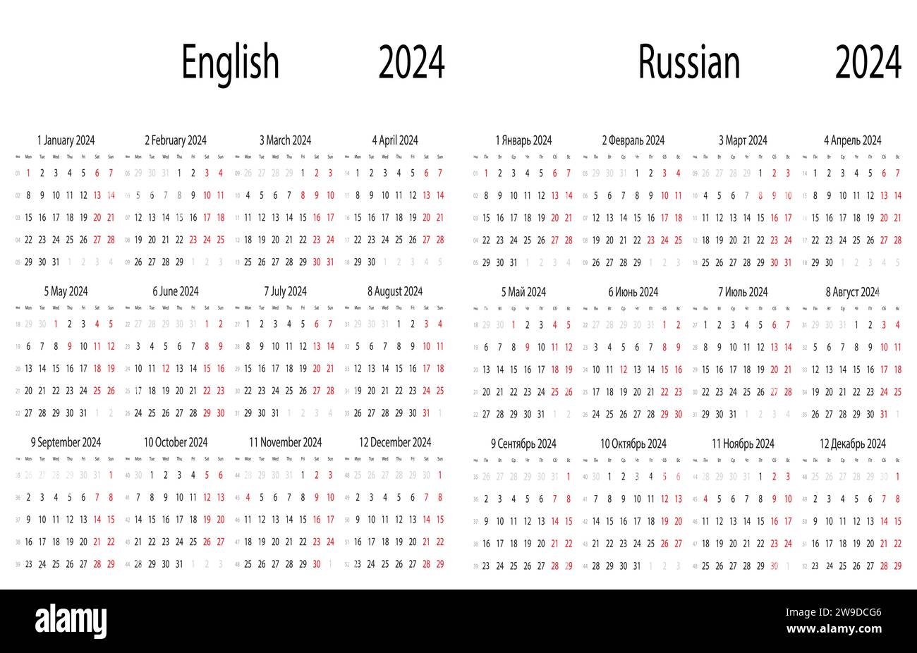 Kalender 2024 der englischen und russischen Sprachvektoren. Stock Vektor