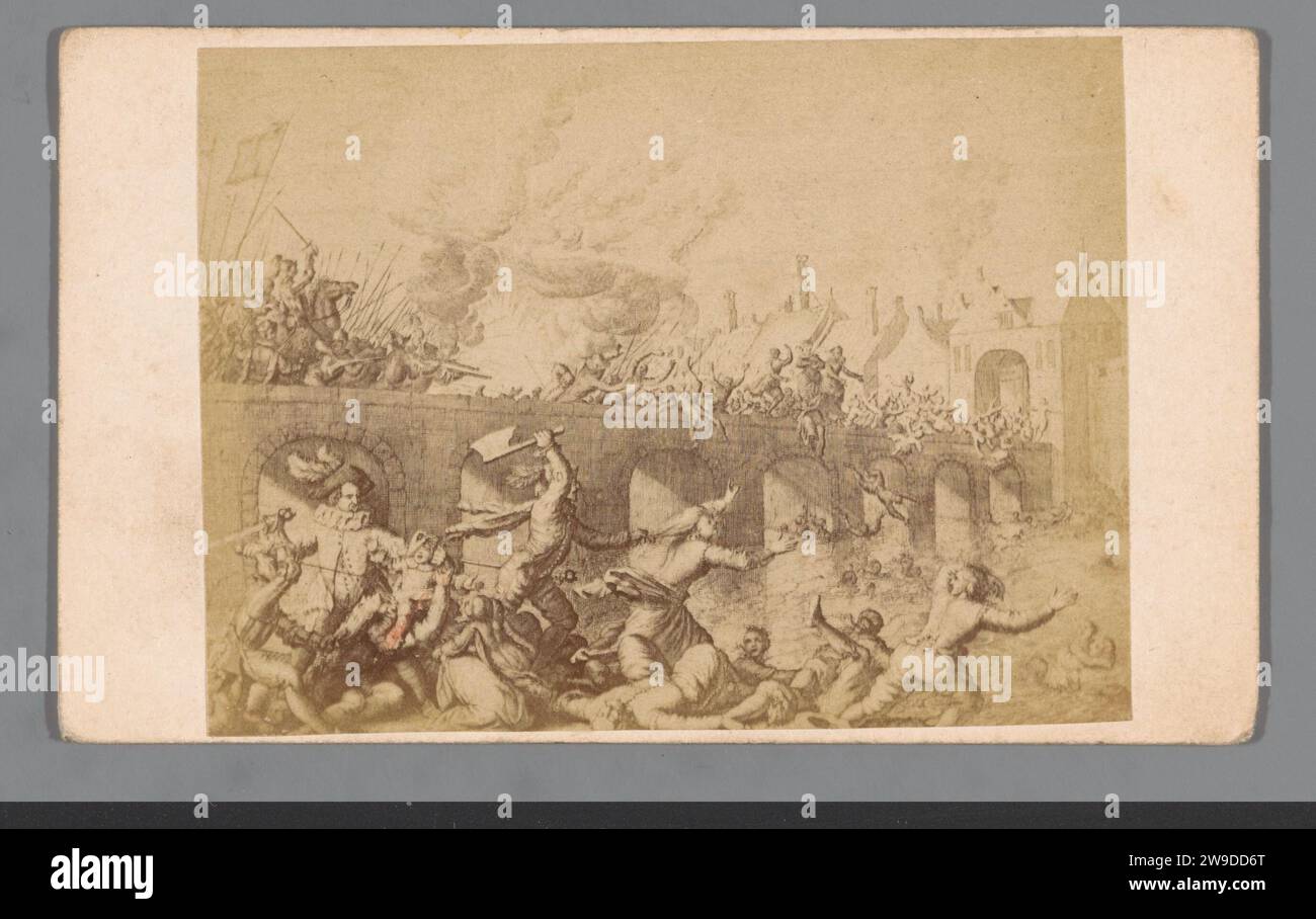 Fotoproduktion einer Gravur des Sturms von Maastricht durch den Herzog von Parma am 29. Juli 1579, Anonym, 1850 - 1900 Visitenkarte. Foto Niederlande Foto-Support. Karton Albumendruck Belagerung Maastricht Stockfoto