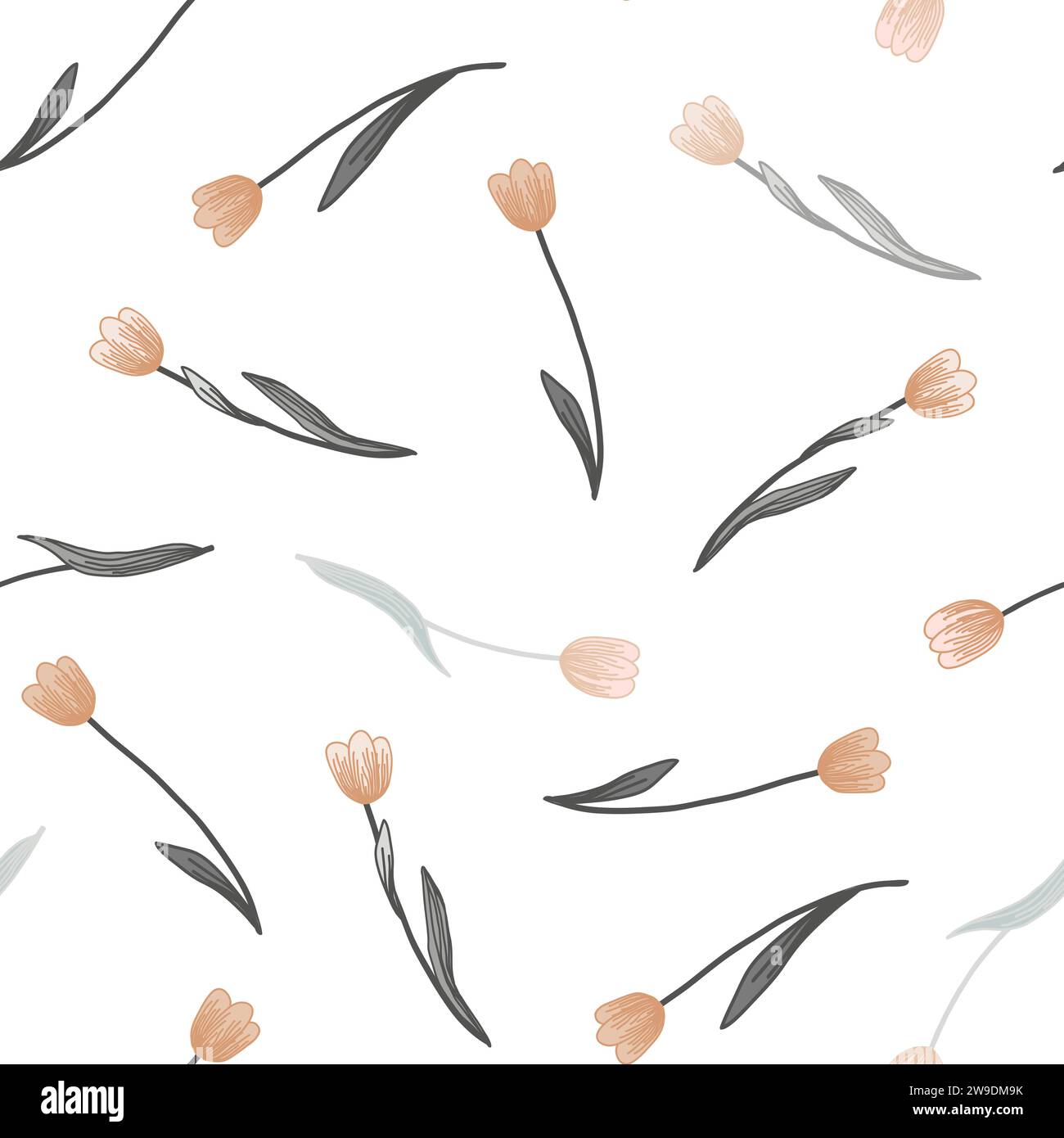 Zartes und elegantes nahtloses Tulpenmuster. Schöner Blumendruck, Frühlingsgarten, botanische Illustration isoliert auf weiß Stock Vektor