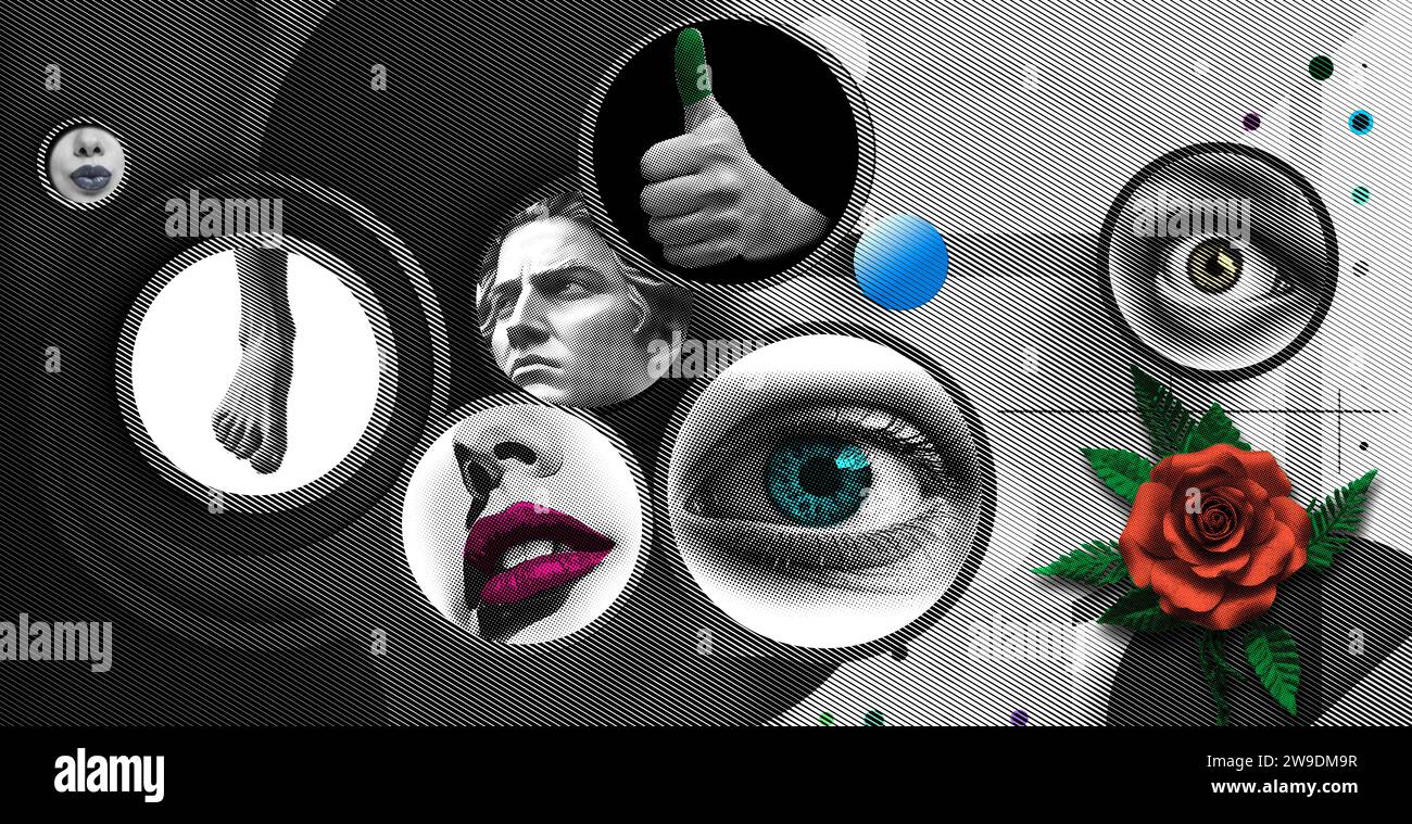 Collage Illustration Grunge Banner. Gepunktete Punkelemente wie Lippen, Augen, Daumen hoch, Rose, Stoppuhr, und Doodle Elements Retro-Poster. Stockfoto