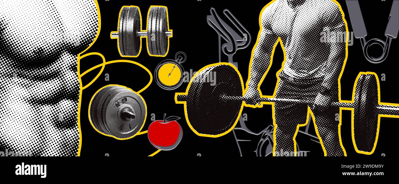 Collage, Vektor-Illustration Grunge-Banner. Ein Poster-Design-Konzept für Bodybuilding mit Körperteilen und Fitnesselementen vor schwarzem Hintergrund. Stockfoto