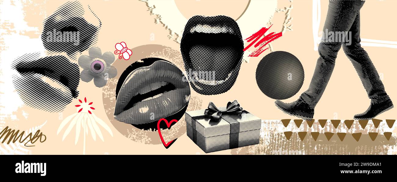 Collage Vektor Illustration Grunge Banner in beigefarbenem Hintergrund. Elemente wie Lippen, Augen, Nase, offener Mund, Gehzustand, und Geschenkboxen. Stockfoto
