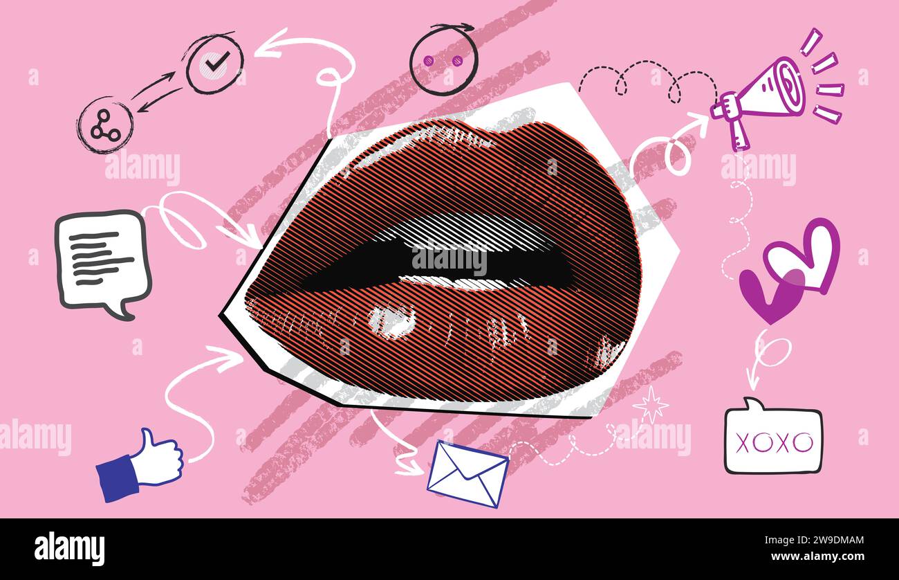 Collage Vektor Illustration Grunge Banner, Social Media Banner verbindet Menschen über Chat, E-Mail, Freigabe Links, Posts, Likes, und Kommentare. Stockfoto