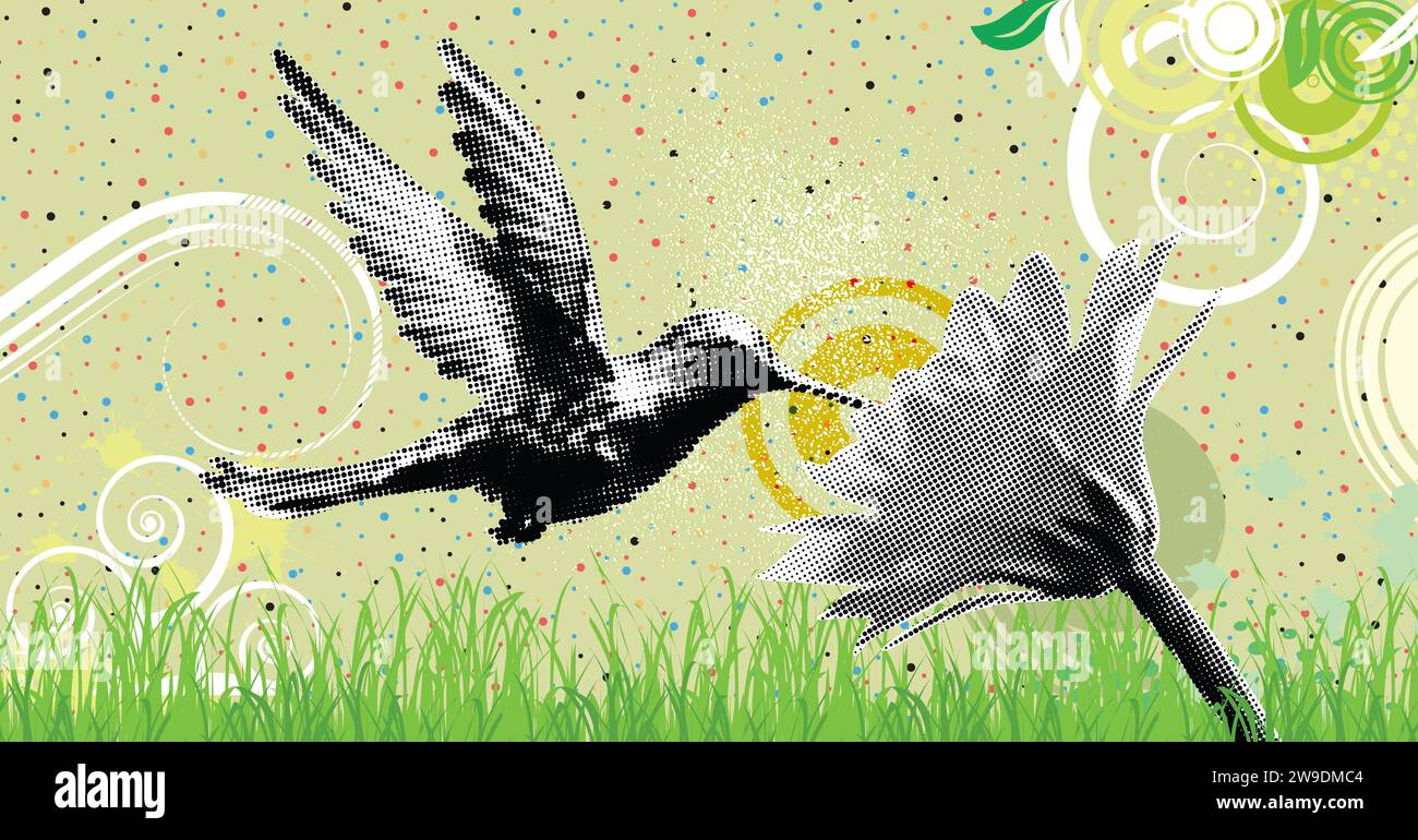 Collage, Vektor-Illustration Grunge-Banner. Ein Kolibri schlürft Nektar von einer Blume, eine grenzenlose Energie, Inspiration, Motivation. Stockfoto