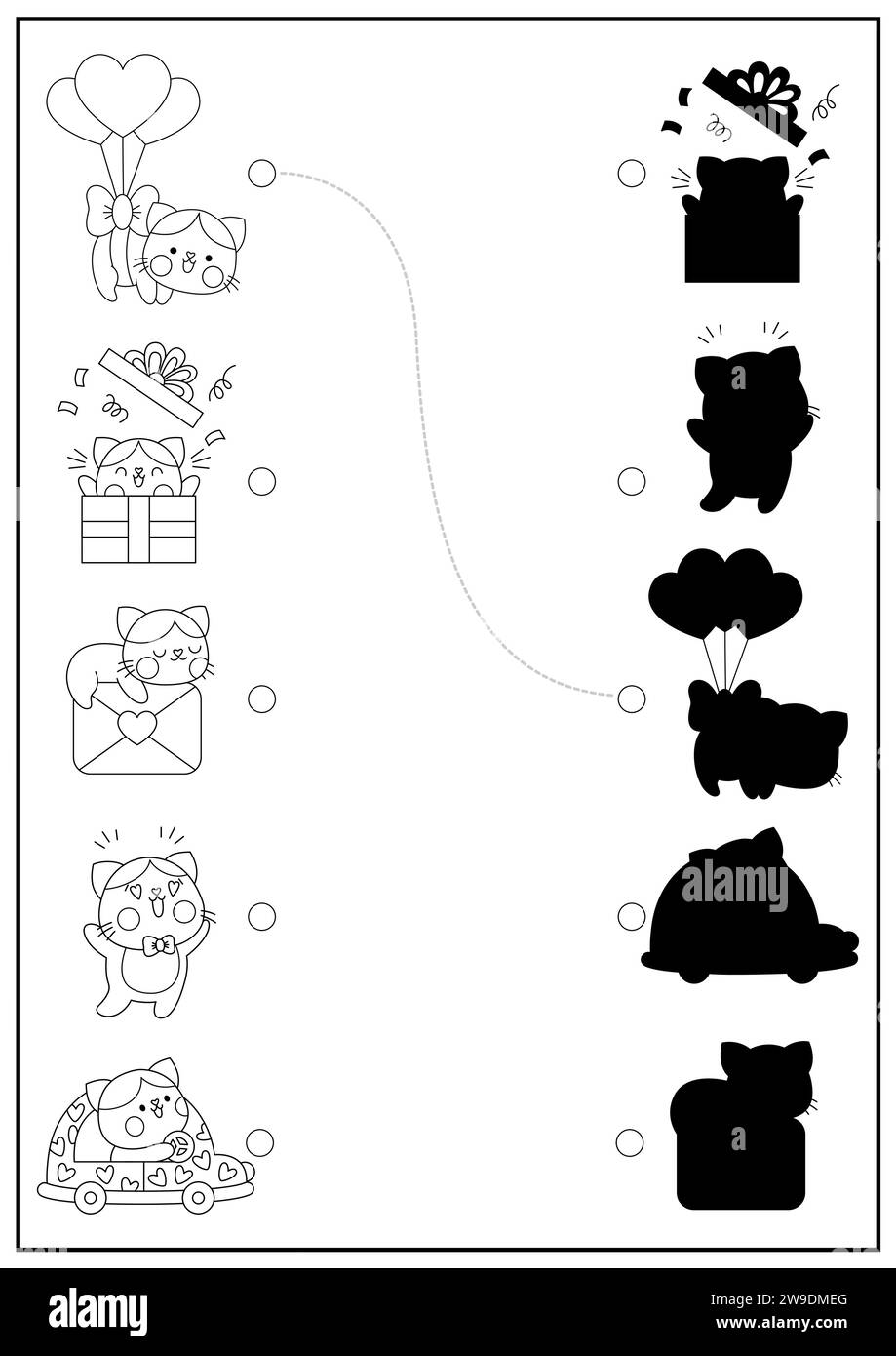 St. Valentine Schwarzweiß-Schatten-Aktivität mit Katzen. Liebe Weihnachtsform-Erkennungslinie Puzzle mit Kawaii-Tieren. Finden Sie das richtige Silho Stock Vektor