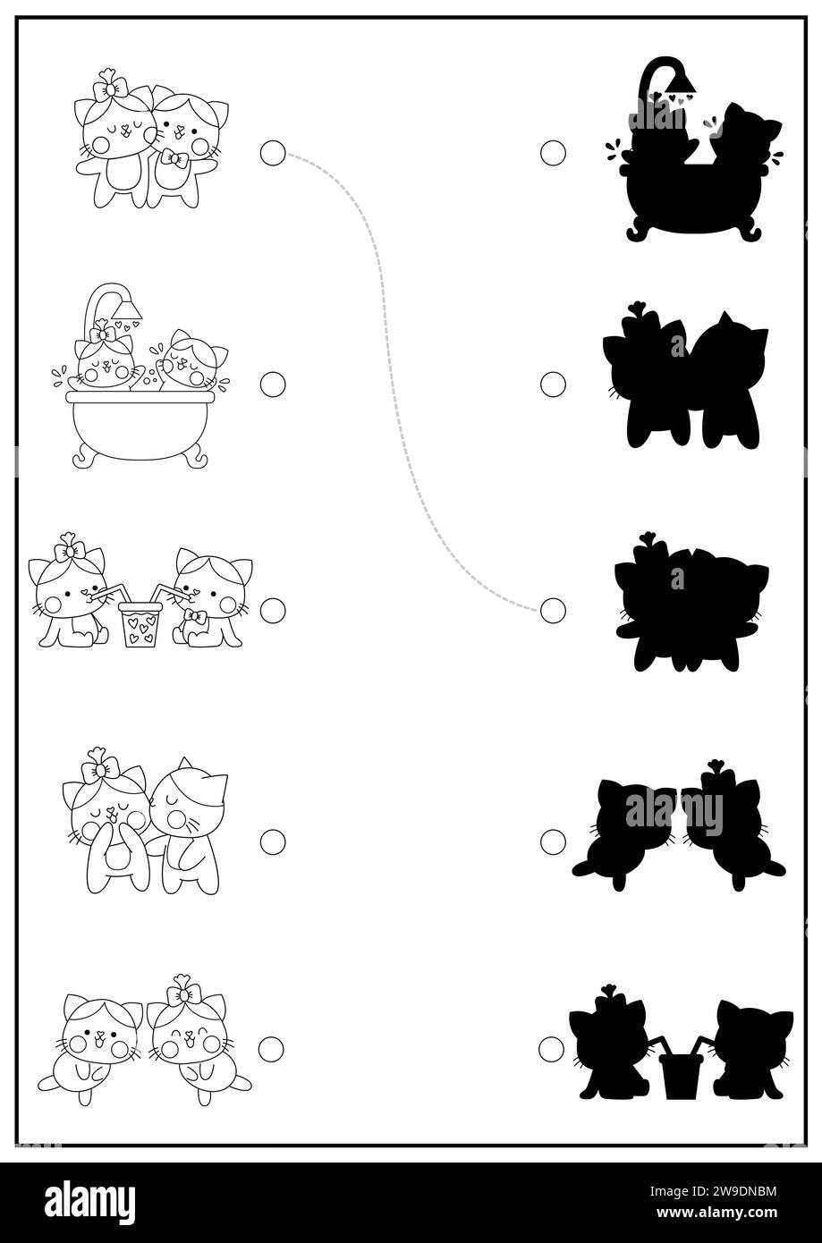 St. Valentine Schwarzweiß-Schatten-Aktivität mit Katzen. Liebe Ferienpuzzle mit Kawaii-Tieren. Finden Sie die richtige bedruckbare Workshe für die Silhouette Stock Vektor