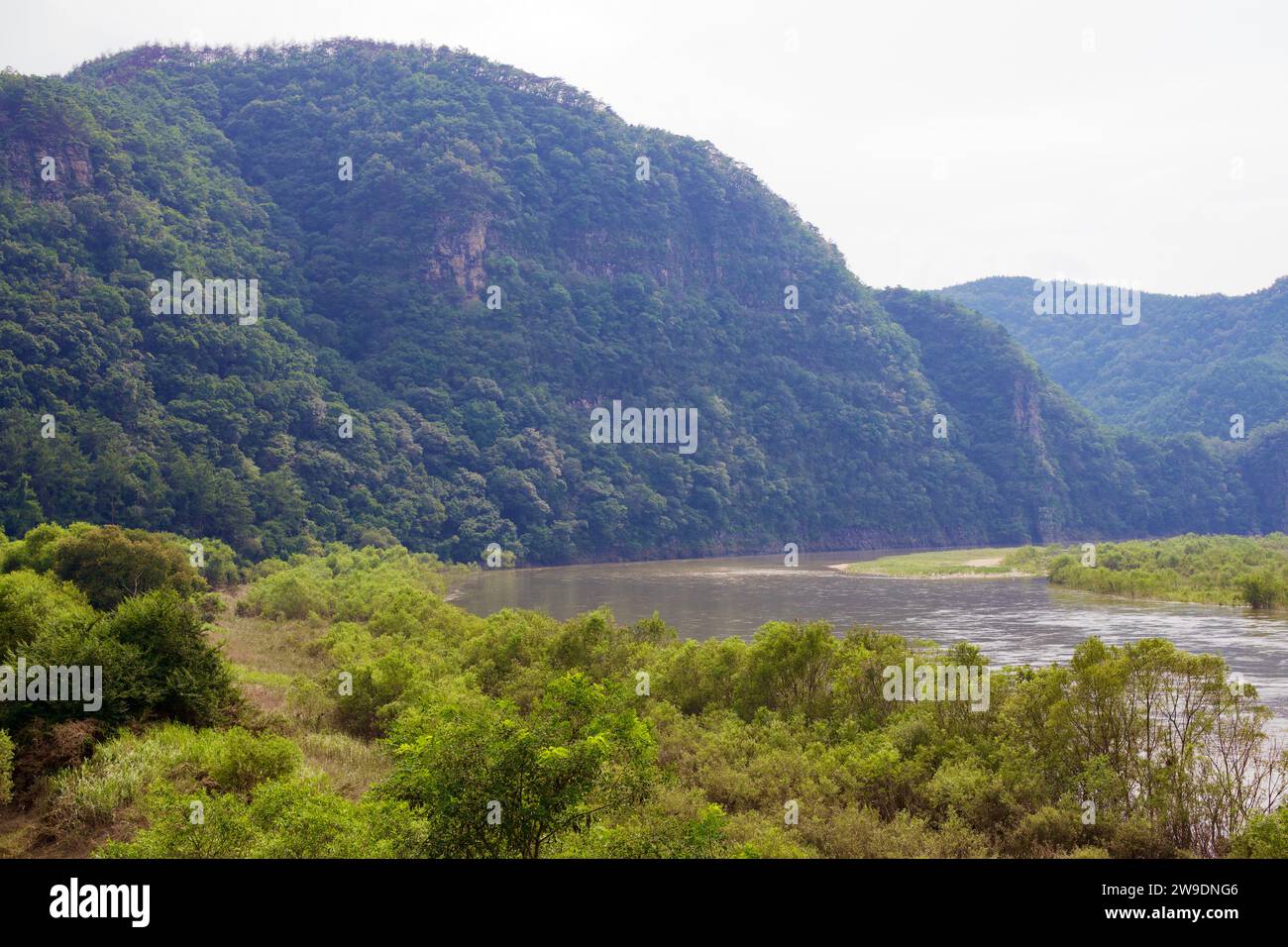 Andong City, Südkorea - 12. August 2023: Ein leicht trüber Blick auf einen Berg am Fluss, mit grünen Bäumen, die seine schiere Seite bedecken und sich bis zu erstrecken Stockfoto