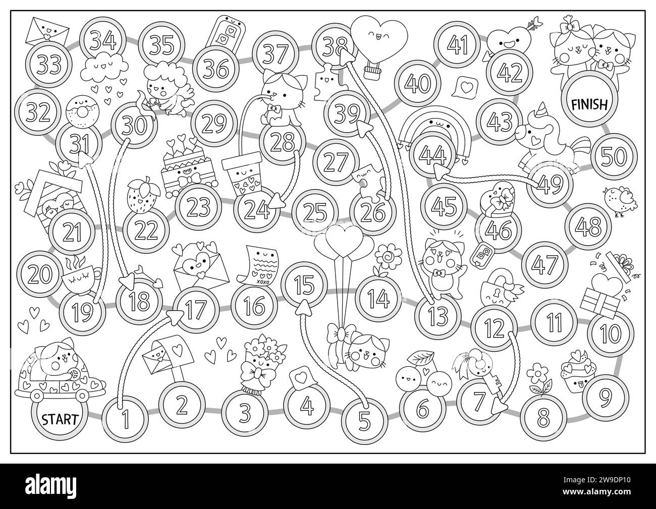 Saint Valentine Schwarz-weiß-Brettspiel mit Katzenjungen, der zum Katzenmädchen geht. Ich liebe das Brettspiel mit Einhorn, Regenbogen, Herzen. Niedliche bedruckbare r Stock Vektor