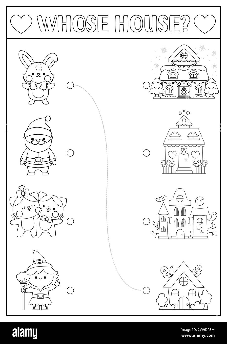 Schwarz-weiß-passende Feiertagsaktivitäten für Kinder mit Kawaii-Charakteren und ihren Häusern. Lustiges Puzzle mit Weihnachtsmann, Hase, Hexe, Katzen. W Stock Vektor