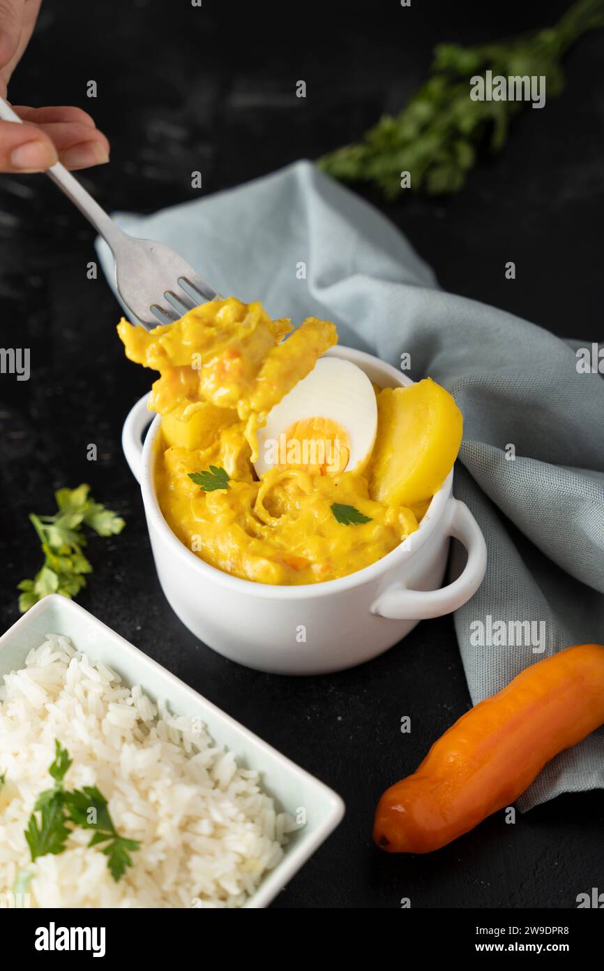 Gabel mit einem Stück Hühner aus einem typischen peruanischen Gericht. Stockfoto