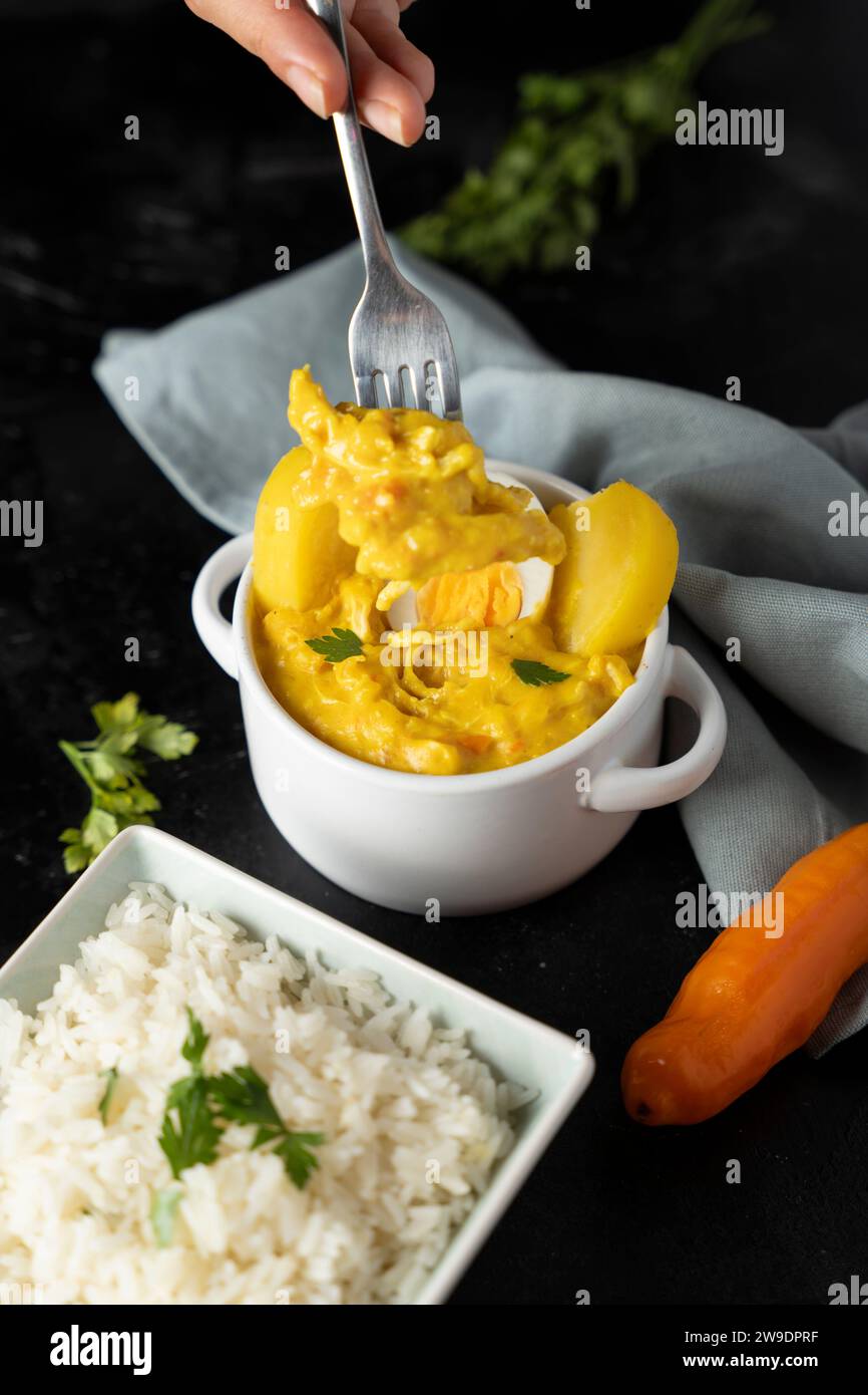 Gabel mit einem Stück Hühner aus einem typischen peruanischen Gericht. Stockfoto