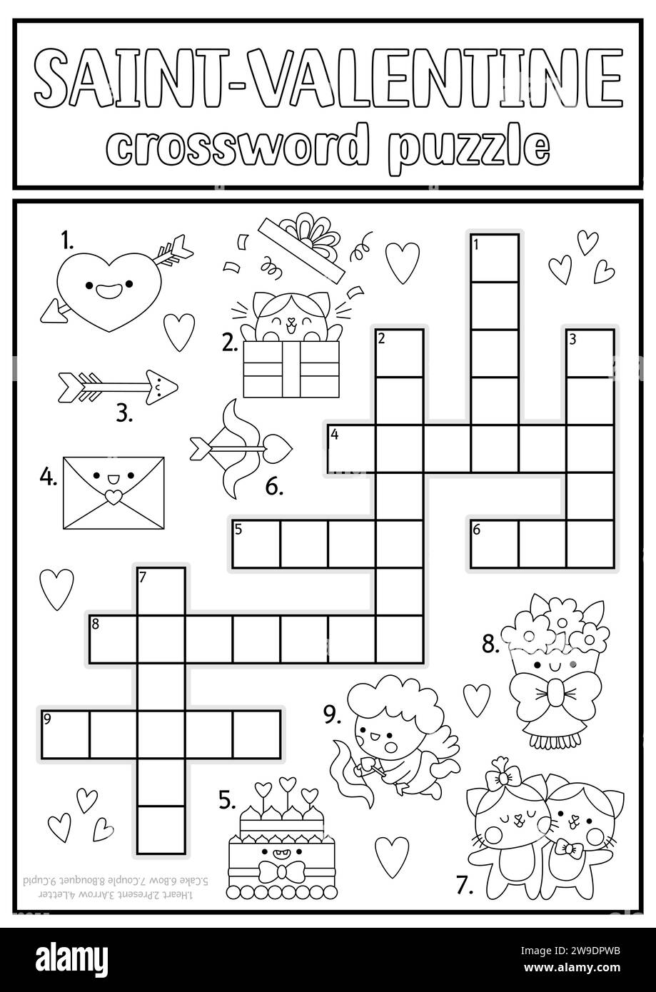 Vector Saint Valentine schwarz-weiß Kreuzworträtsel für Kinder. Ich liebe das Quiz zum Urlaub. Pädagogische Kawaii-Aktivität, Ausmalseite. Nettes englisches lan Stock Vektor