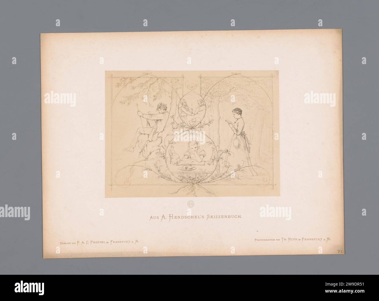 Fotoproduktion einer Skizze verschiedener Lesestudien von Albert Hendschel, Theodor Huth, nach Albert Hendschel, um 1865 - in oder vor ca. 1870 Fotografie dieses Foto ist Teil eines Covers mit 50 Fotos auf 48 Blatt, einer Bildliste und einer Titelseite. Frankfurt am Main Fotounterstützung Albumendrucklesung. Erwachsener Mann. Erwachsene Frau Stockfoto
