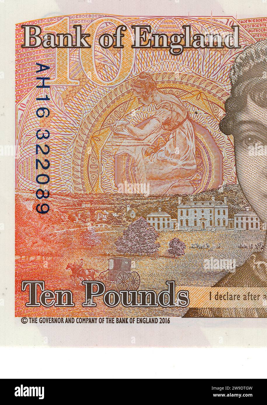 Nahaufnahme einer 10-Pfund-Note aus Großbritannien/Großbritannien auf weißem Hintergrund. Stockfoto