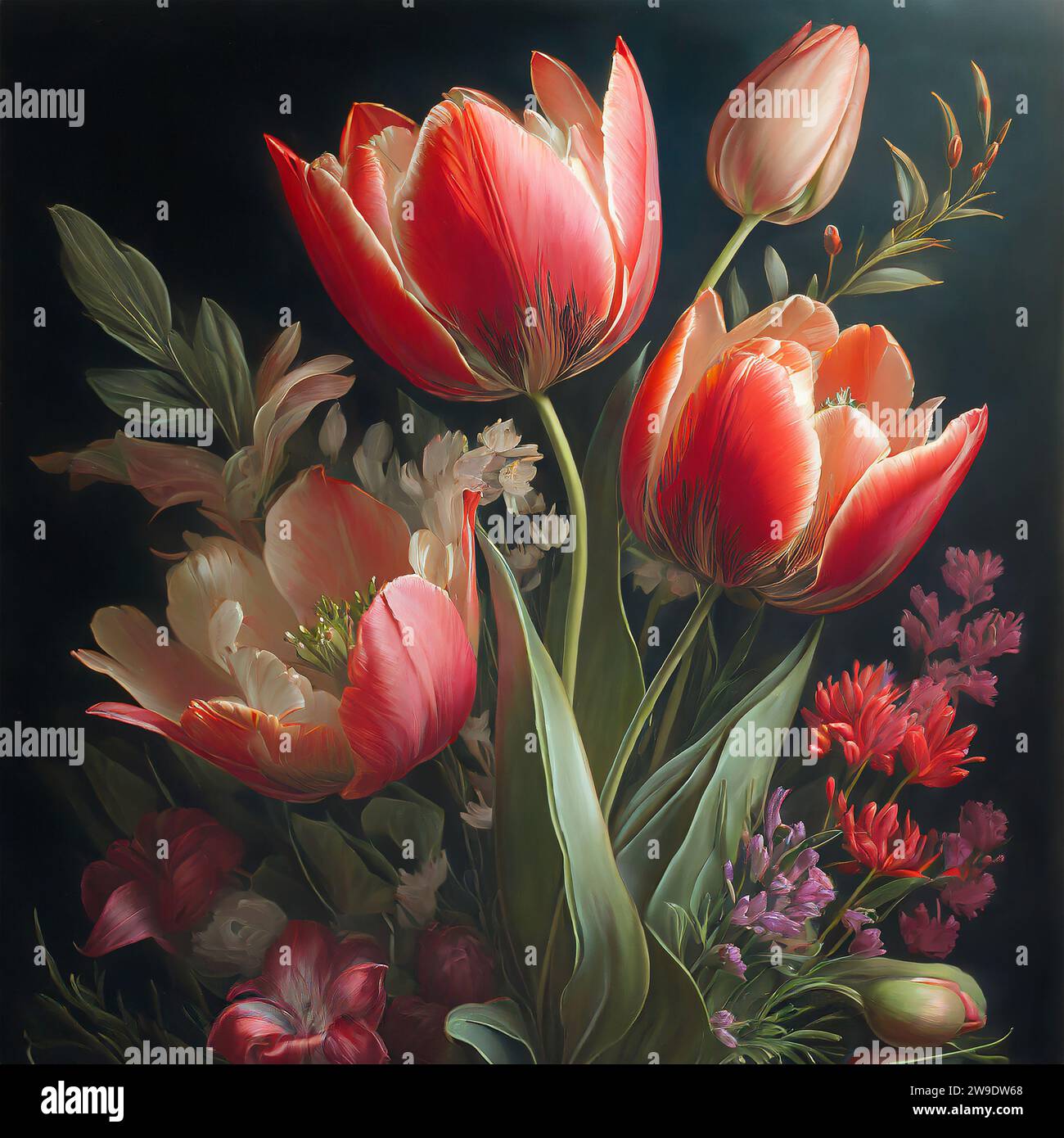 Komposition mit roten Tulpen und anderen Pflanzen auf dunklem Hintergrund im Atelier. Stockfoto