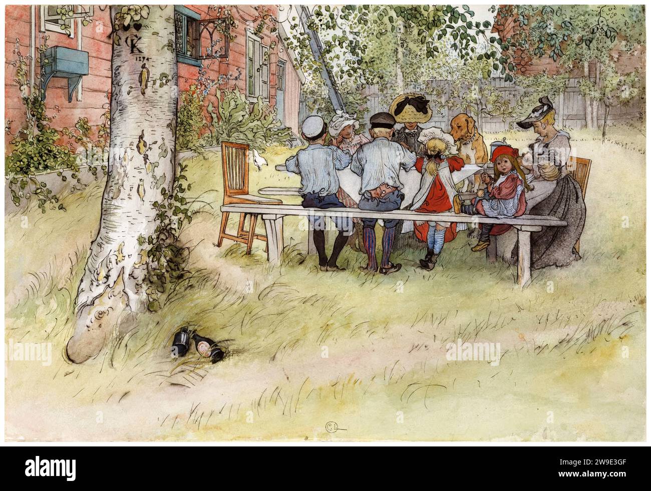 Carl Larsson, Frühstück unter der großen Birke, aus der Serie: 'A Home' (26 Aquarelle), Aquarellmalerei, 1894-1895 Stockfoto