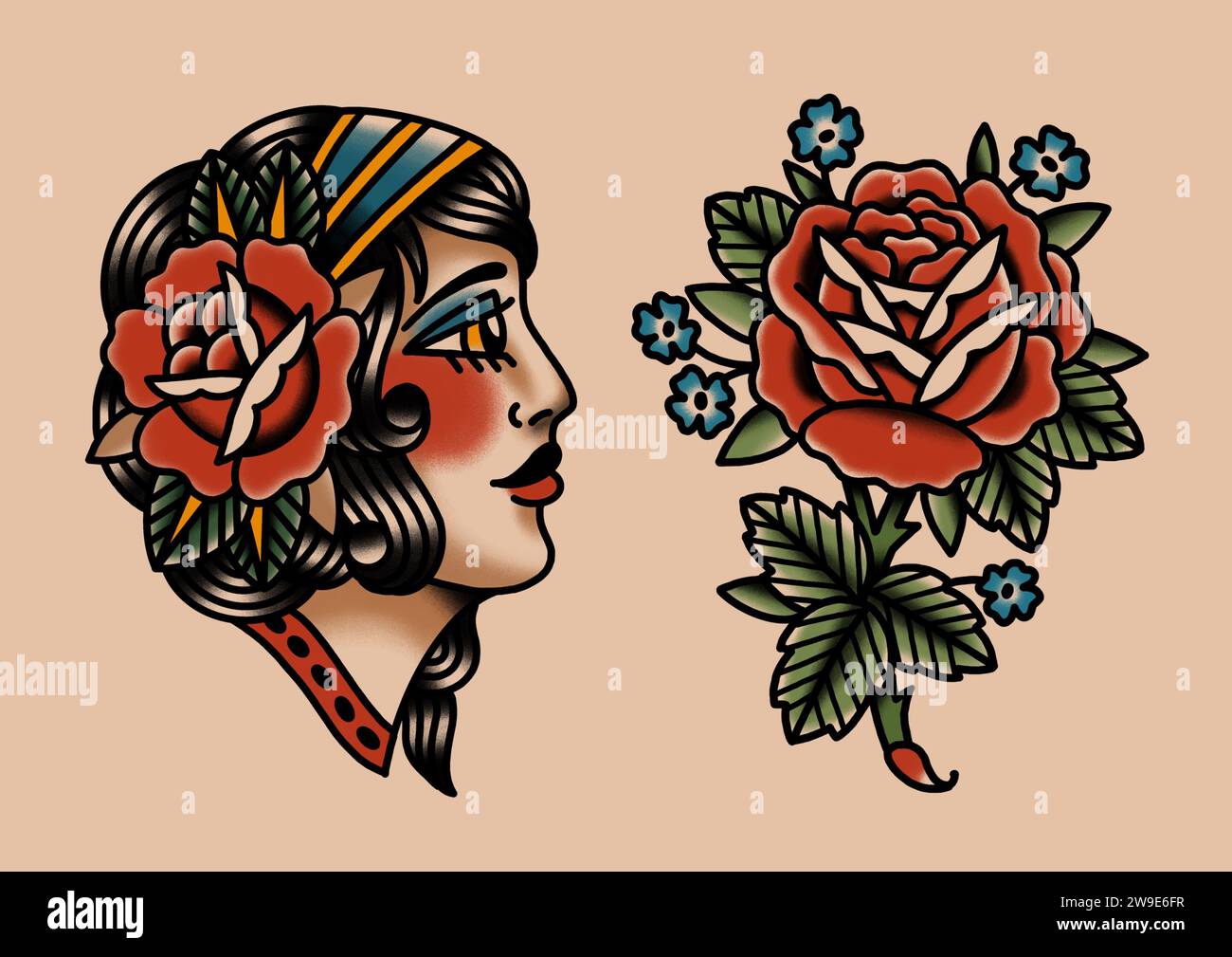 Alte Schule Tattoo Set Frau und Blumen Stockfoto