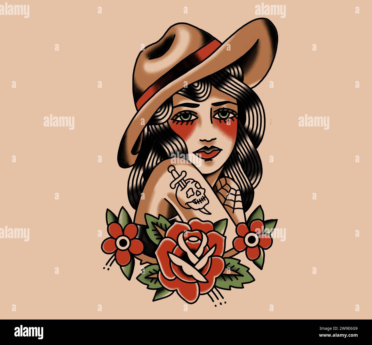 Old School Tattoo Zeichnung tätowiertes Cowgirl mit Blumen Stockfoto