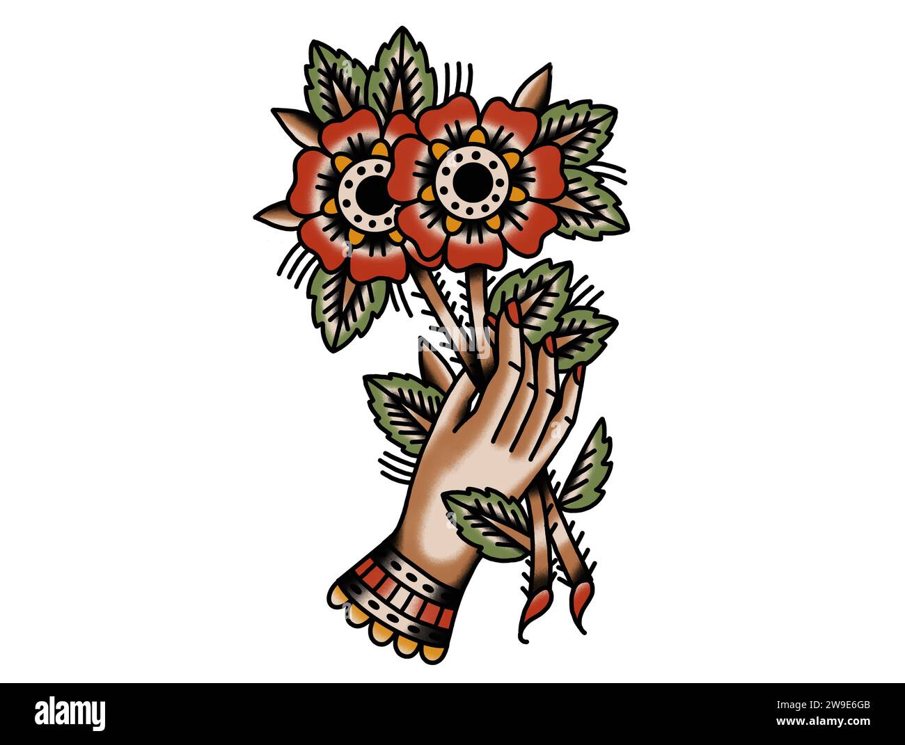 Tätowierungszeichnung Hand hält einen Blumenstrauß Stockfoto