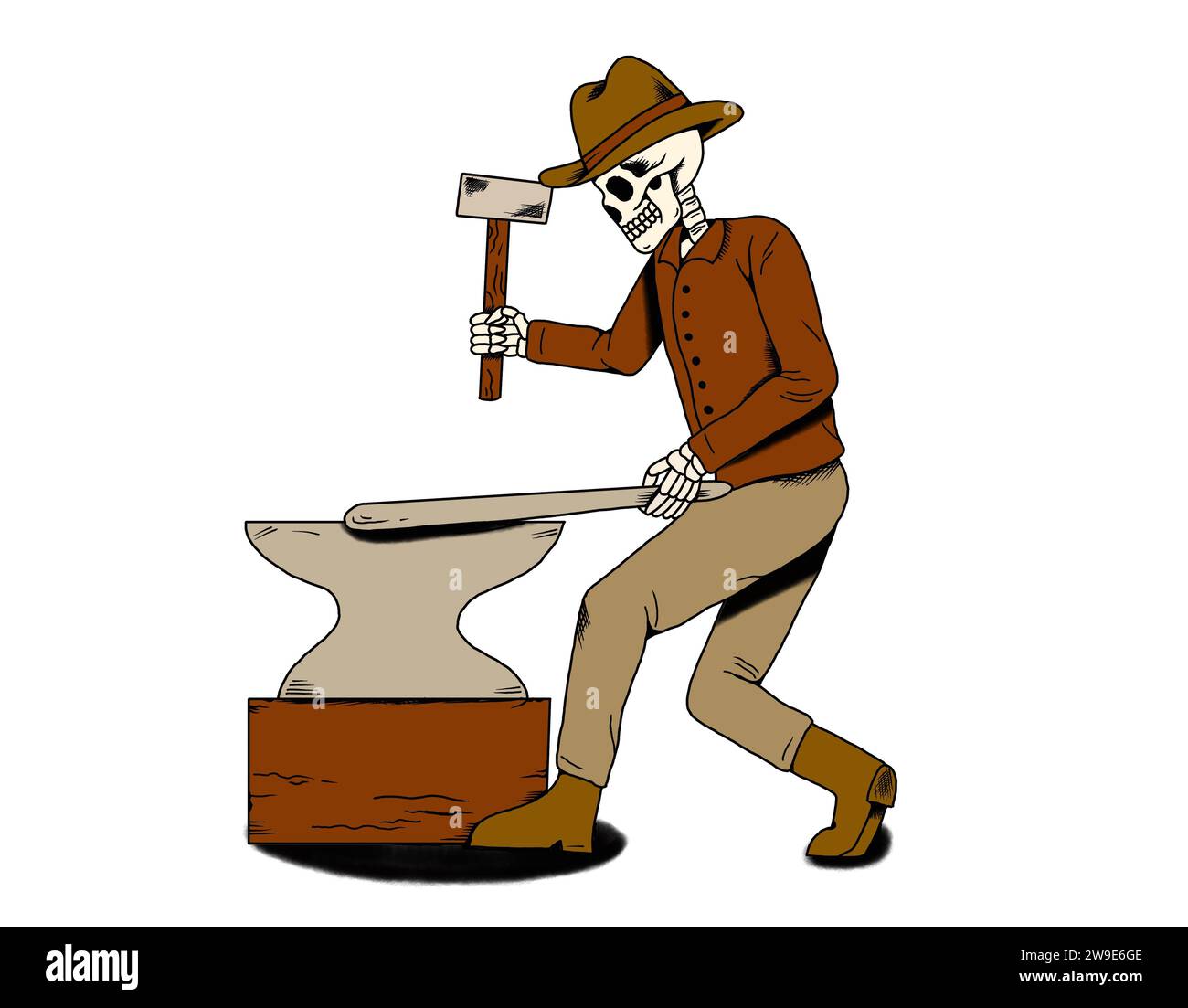 Ein Skelett-Schmied, der am Amboss arbeitet Stockfoto