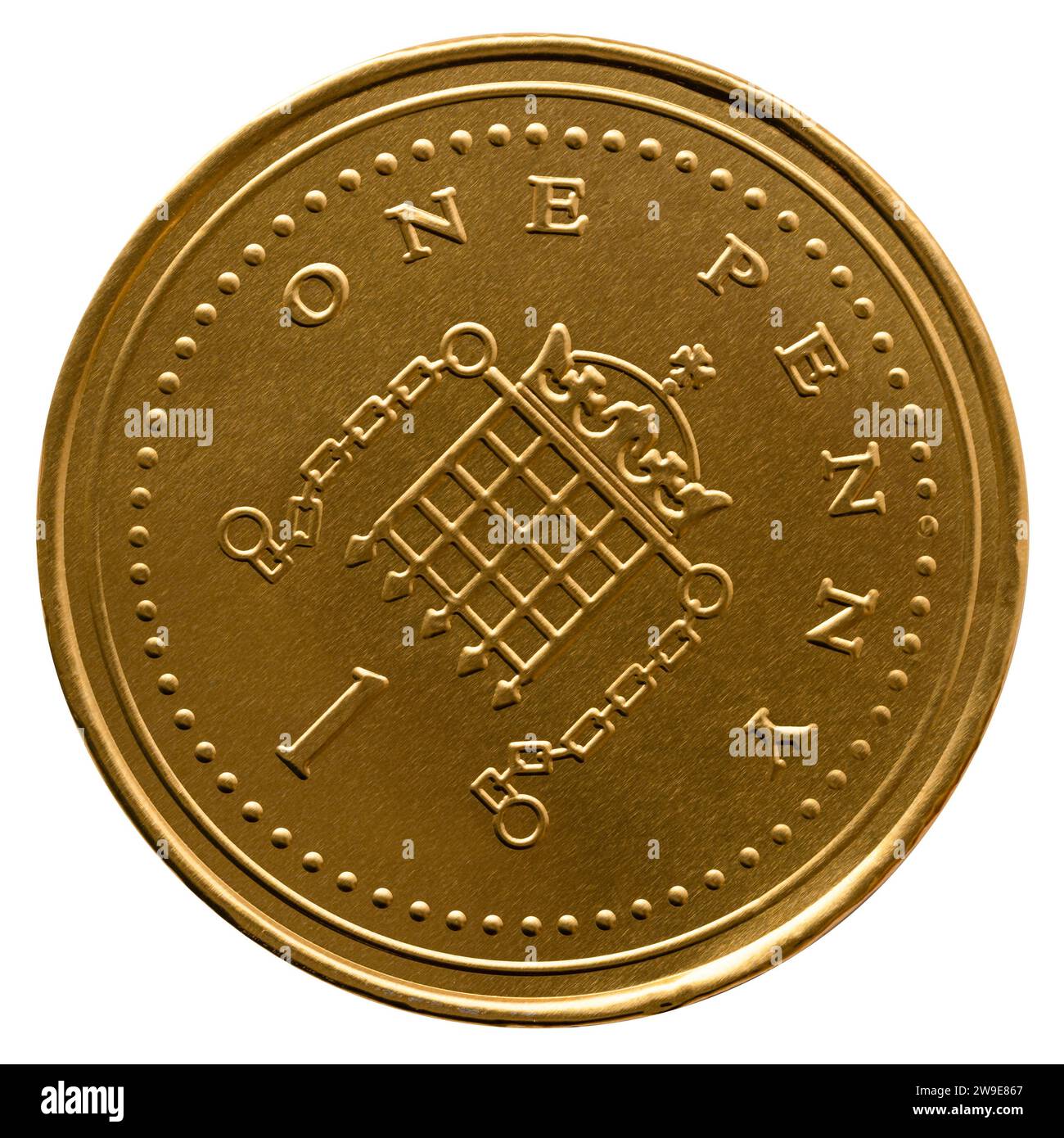 Isolierte Schokolade One Penny UK Münze zu Weihnachten, auf weißem Hintergrund Stockfoto