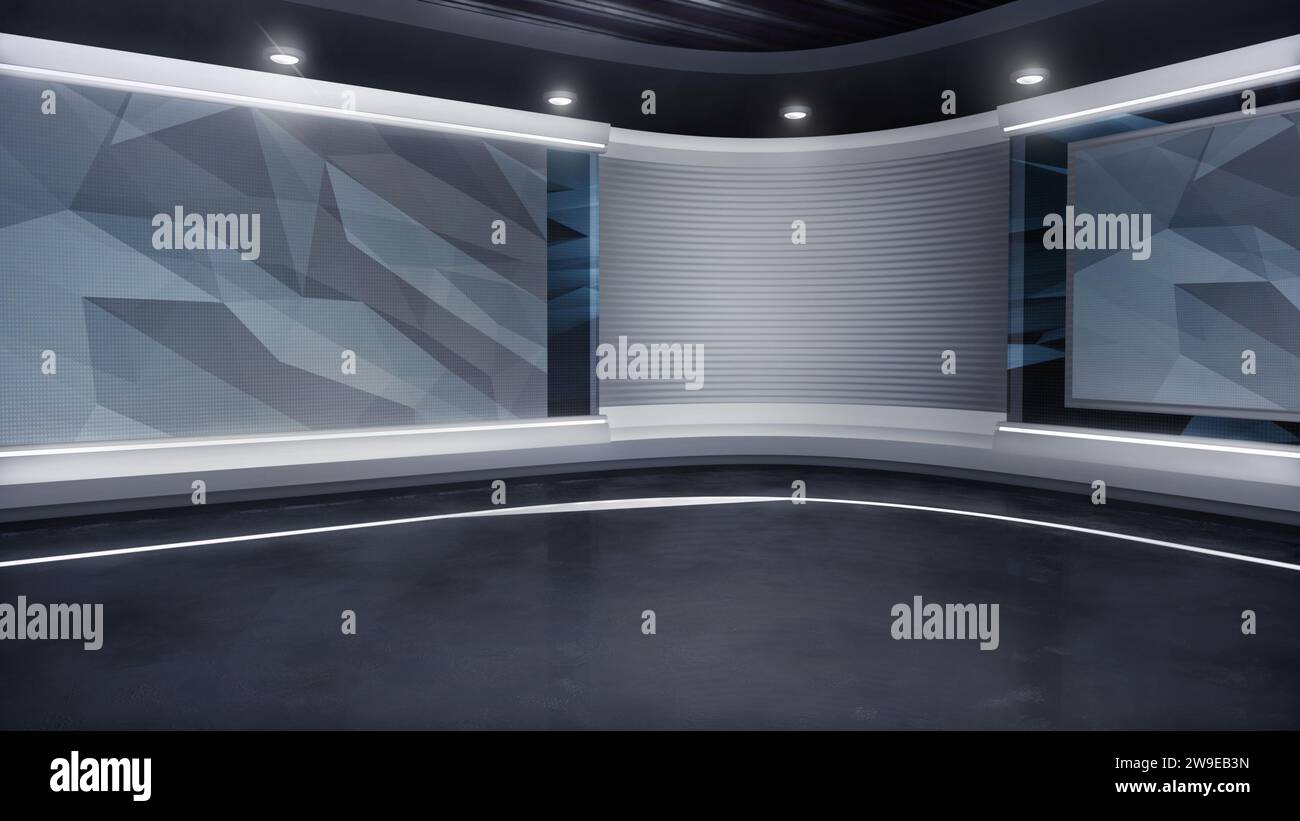 TV-Nachrichten, virtueller Studiohintergrund. Ideal auch für Online-Shows oder Live-Veranstaltungen. Moderner 3D-Rendering-Hintergrund, geeignet für Bühnensets mit VR-Tracking-System Stockfoto