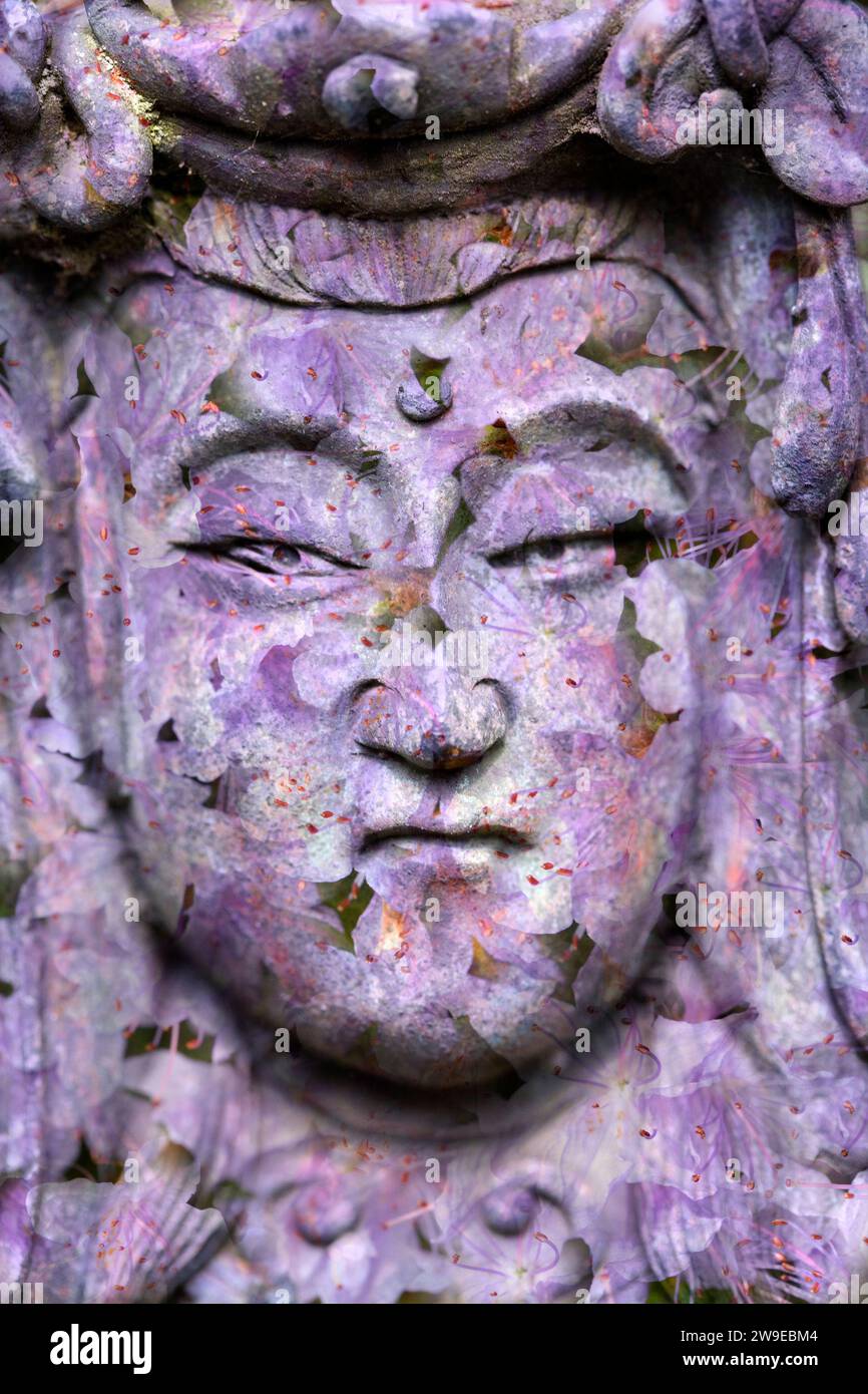 Gesicht eines Samurai, Statue, digital verändert Stockfoto