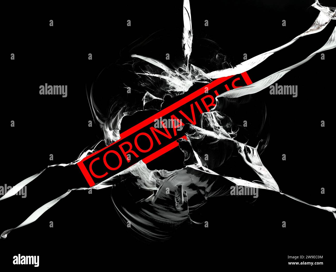 Coronavirus. Covid-19. Text hinter zerbrochenem Glas. Coronavirus-Pandemiekonzept. Stockfoto
