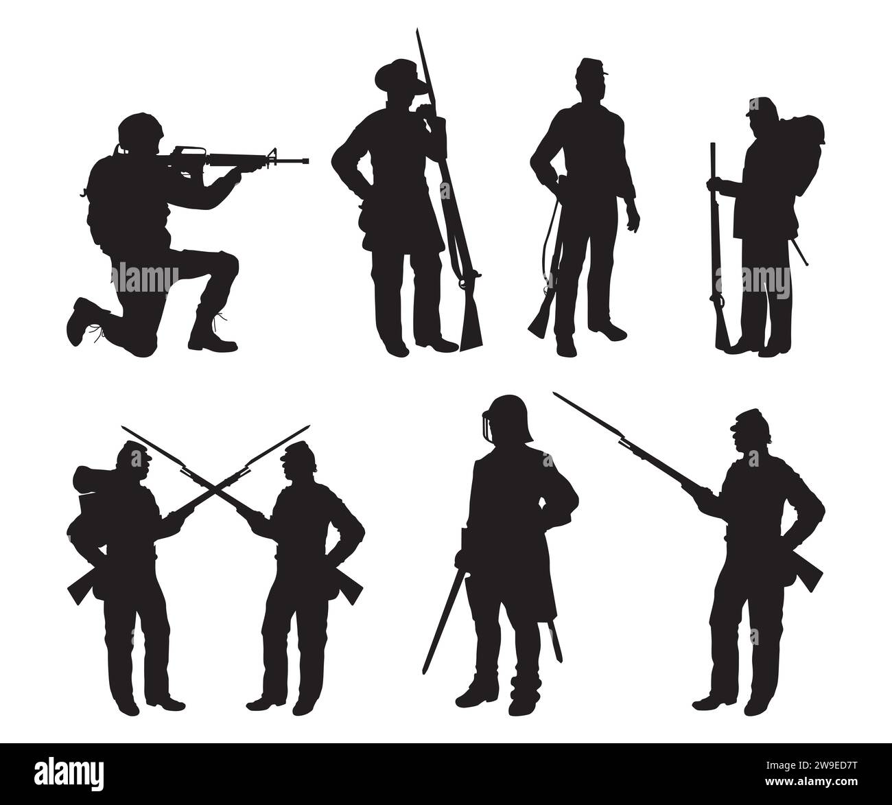 Bürgerkriegssilhouetten, Kanonenvektor, Bürgerrevolution, Soldaten, Soldat Silhouette, Waffenstillstand, Amerikanische Revolution Stock Vektor