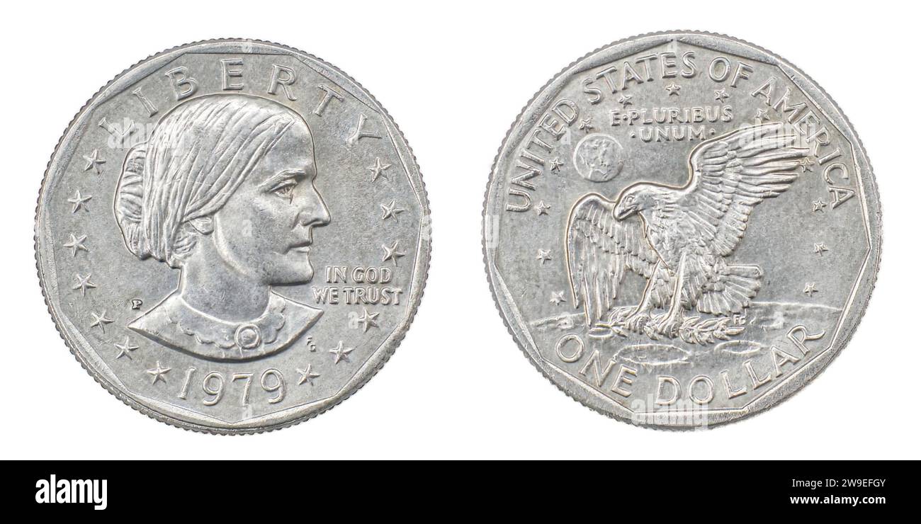1979 P FG Susan B. Anthony Dollar Vorder- und Rückseite. Die erste in Umlauf befindliche US-Münze mit einer Frau, produziert 79-81 und 99. Zeigt die Suffragstin Susan B. Stockfoto