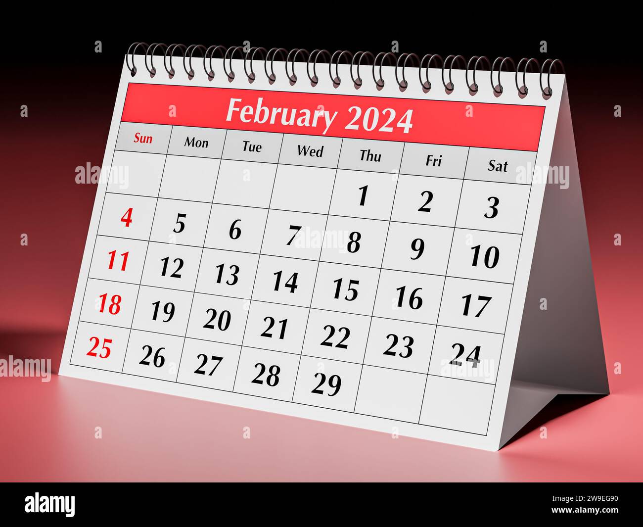Februar 2024-Kalender. Eine Seite des jährlichen Business Desk-Monatskalenders. 3D-Rendering Stockfoto
