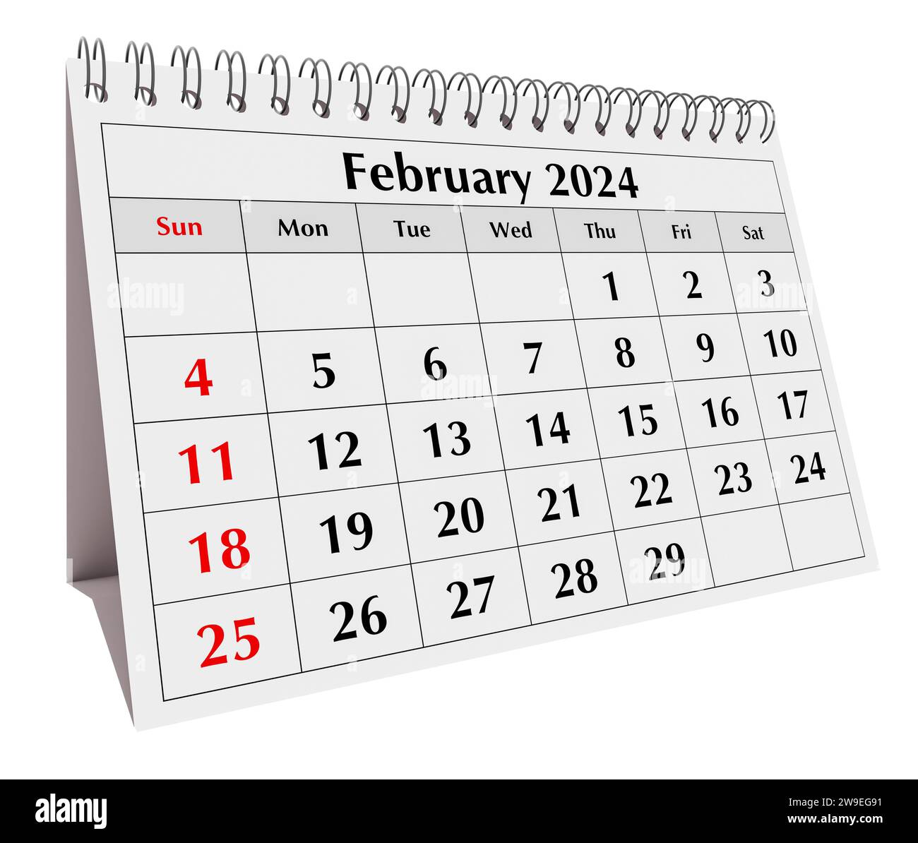 Februar 2024-Kalender. Seite des jährlichen Business Desk-Monatskalenders isoliert auf weißem Hintergrund Stockfoto