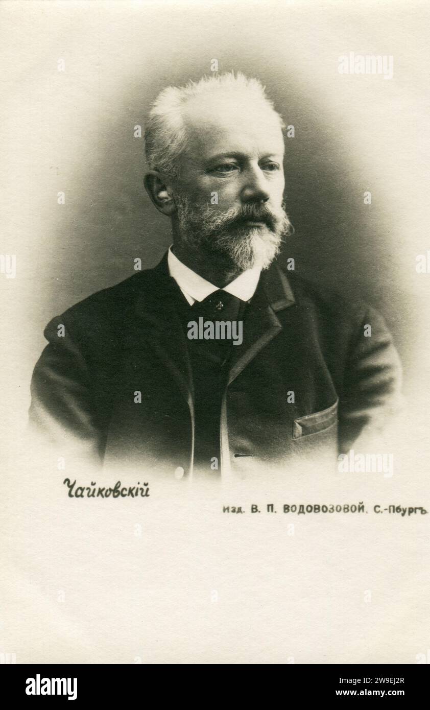 Pjotr Iljitsch Tschaikowski (* 7. Mai 1840 bis 6. November 1893) war ein russischer Komponist der Romantik. Alte Vintage-Postkarte des Russischen Reiches. 1889. Stockfoto