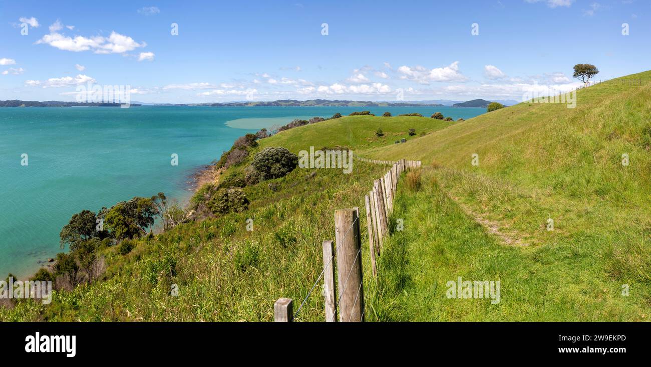 Landschaft mit Weide, Zaun und Wanderweg auf einem Bauernhof im Duder Regional Park, Nordinsel, Neuseeland Stockfoto