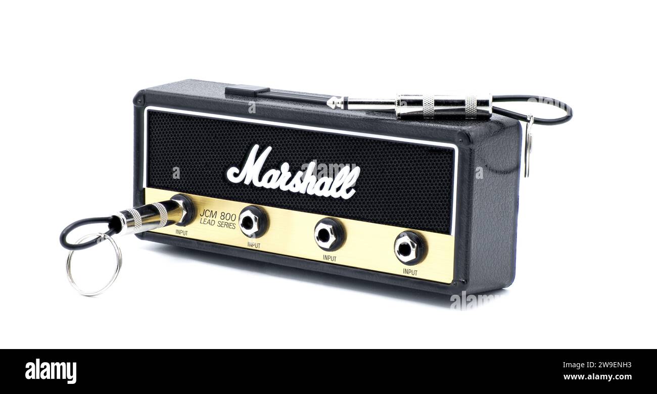 Marshall Amplification Jack Rack Schlüsselhalter JCM 800 Lead Series Master Volume Head Replik 4 Gitarrenstecker Eingang Schlüsselanhänger isoliert auf weißem Hintergrund G Stockfoto