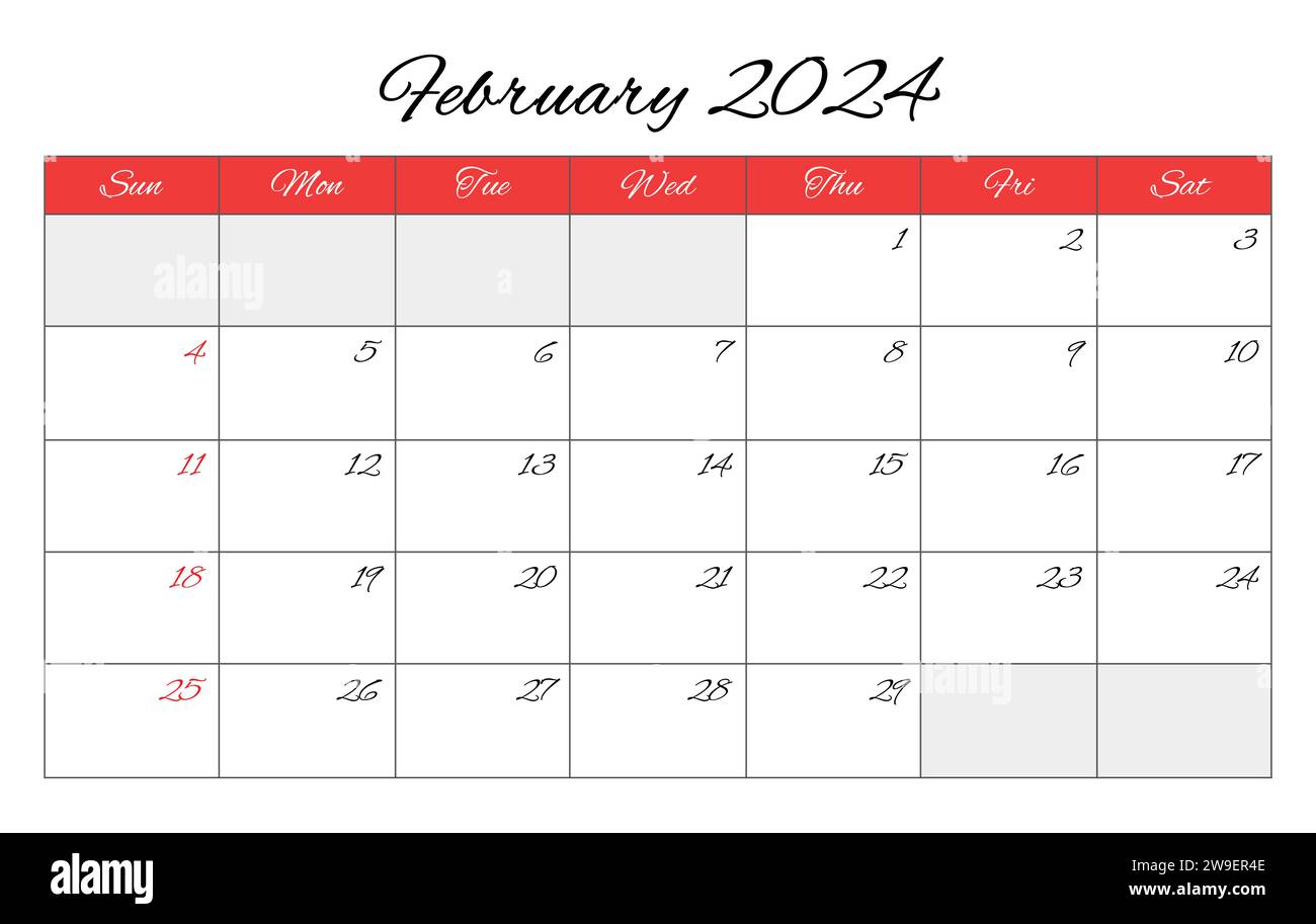 Februar 2024 ENGLISCHER Monatskalender. Vektorgrafik zum Drucken. Monatliche Planung für Ihre Geschäftsereignisse Stock Vektor