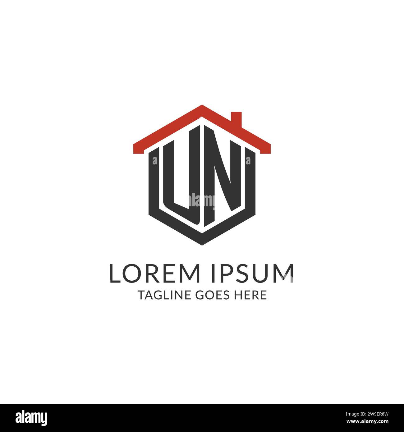 Initial-Logo UN-Monogramm mit Home-Dach-sechseckförmigem Design, einfache und minimale Immobilienlogo-Design-Vektorgrafik Stock Vektor