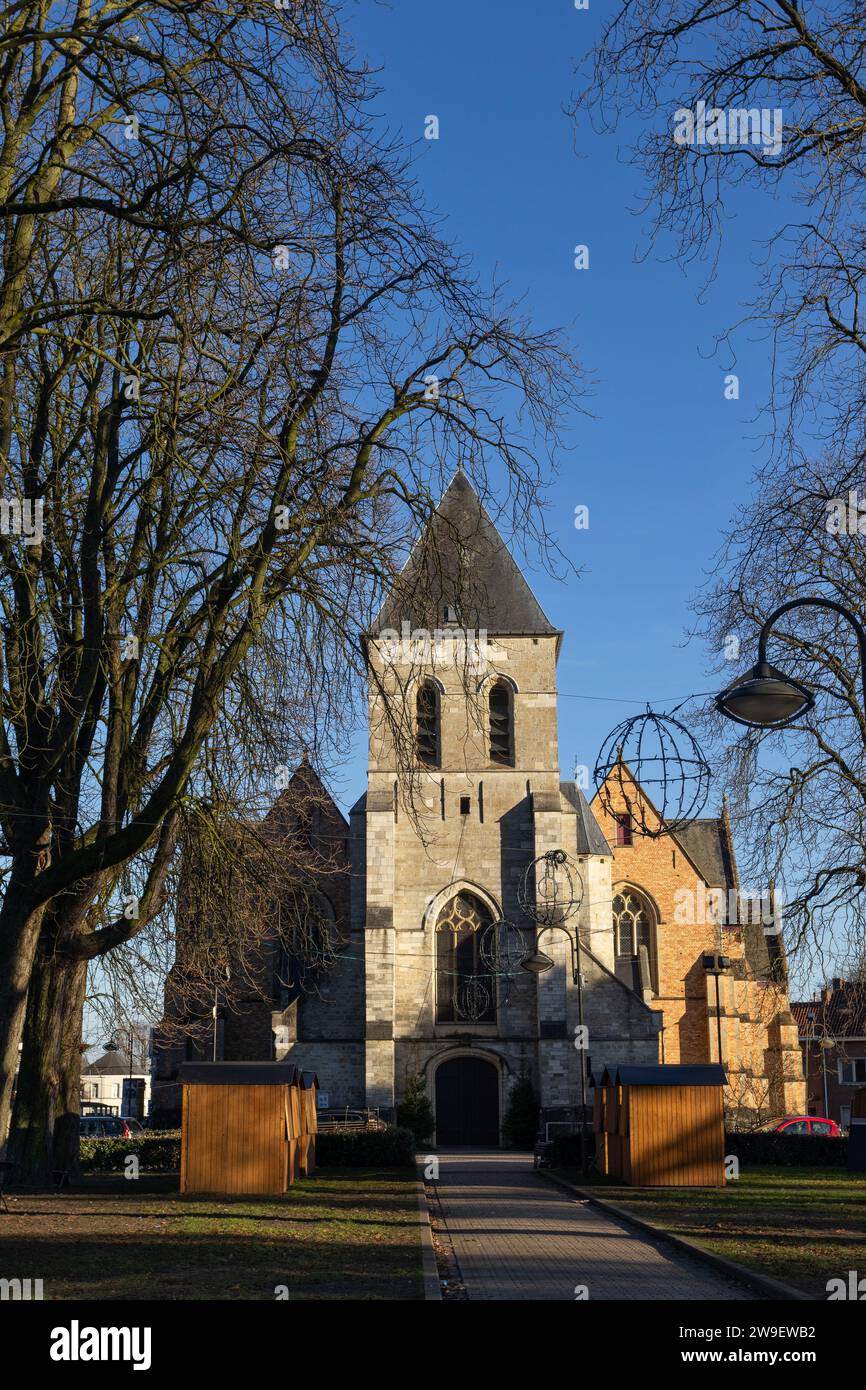 Blick auf die St. Martins Kirche Berlare, Belgien an einem sonnigen Winternachmittag. Berlare ist eine Gemeinde in Ostflandern. Kopierbereich darüber. Stockfoto