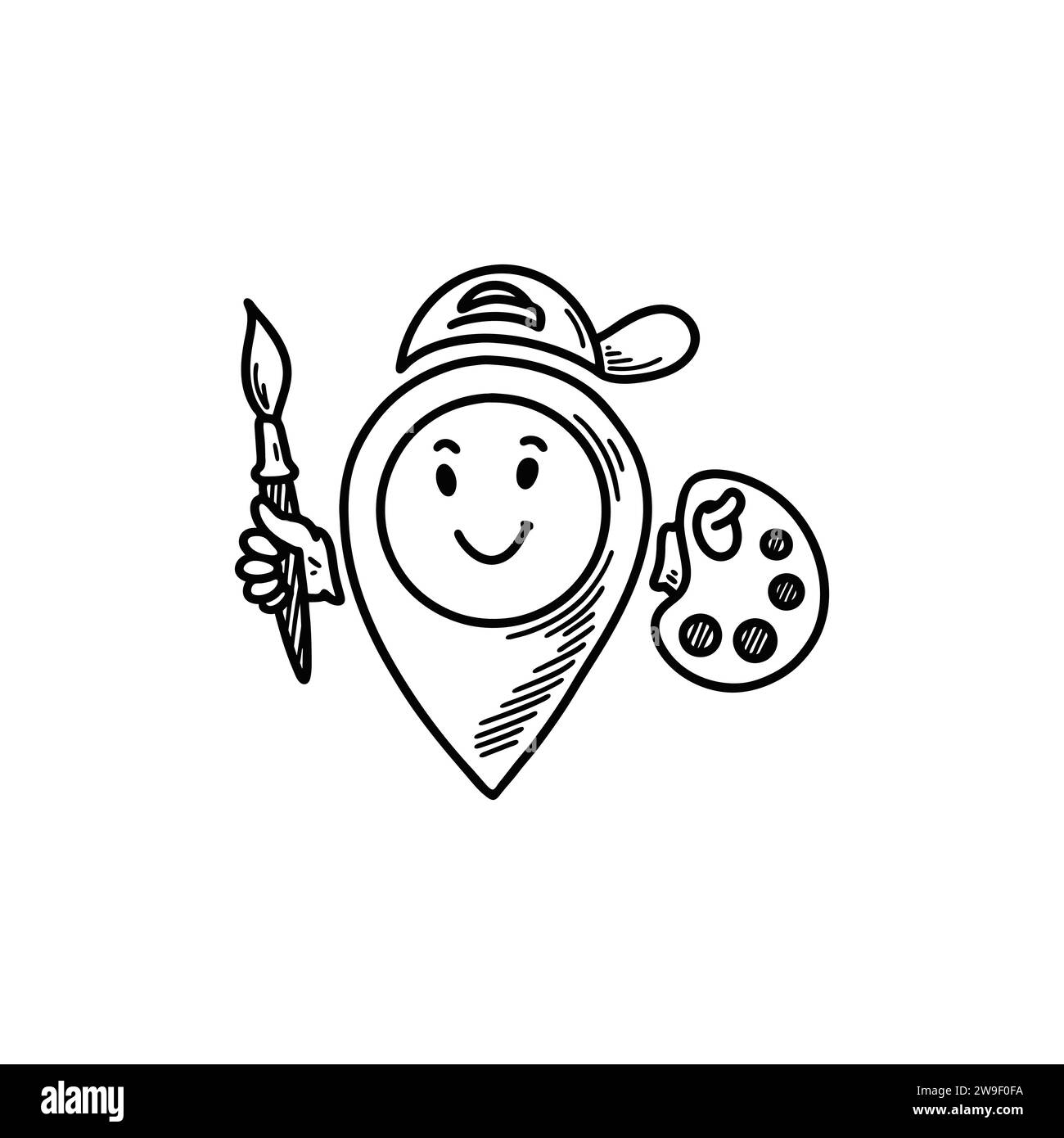 Niedliche Linie Doodle Art Shop Lage Pin Emoji. Freihandskizze Pinpoint. Kartenadresse Comic Emoticon. Lächelnde, lustige Charaktere Stock Vektor