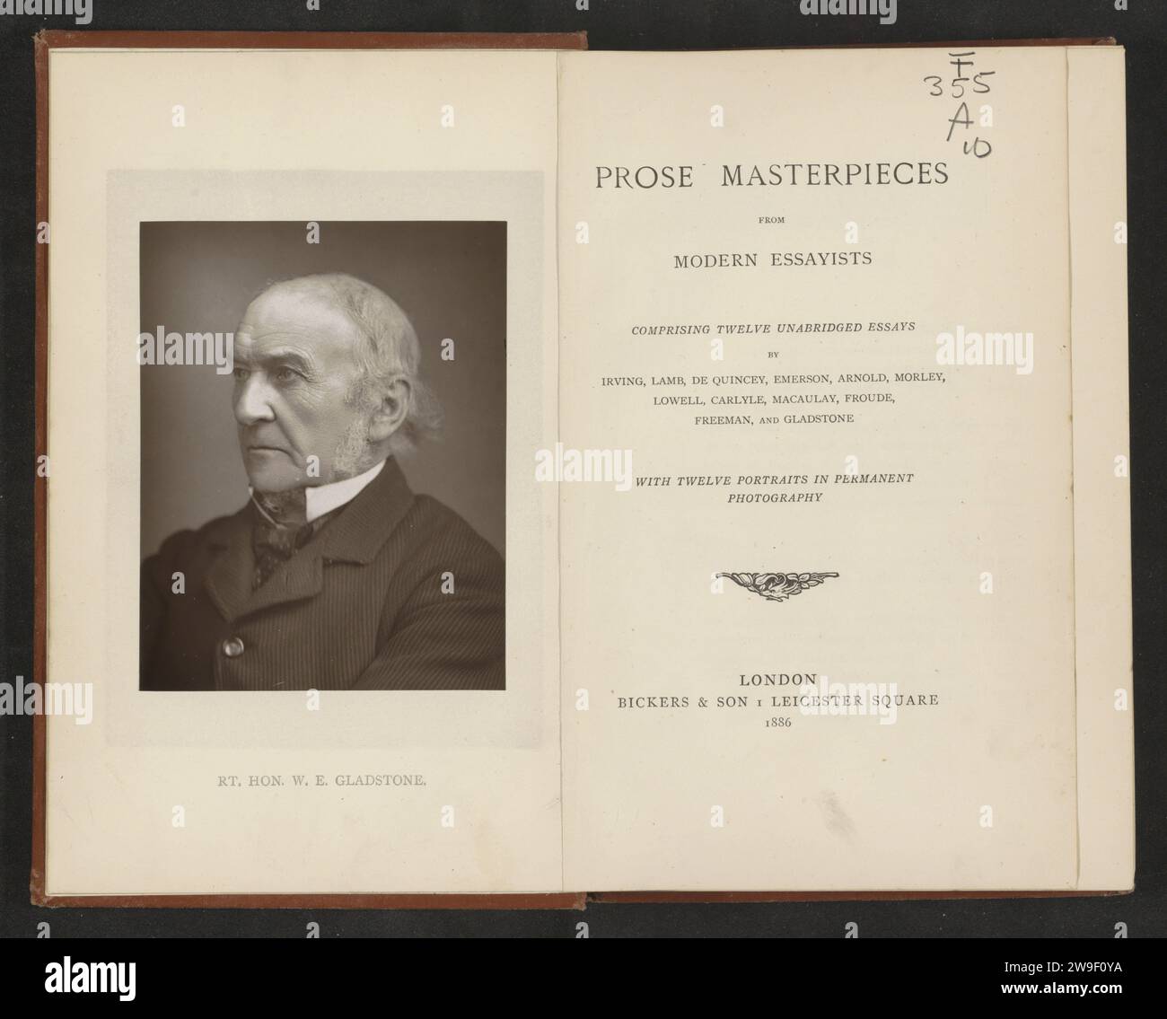Prosa-Meisterwerke moderner Essayisten, diverse Hersteller, 1886 Buch London Paper. Pappe. Leinen-(Material-)Druck Stockfoto