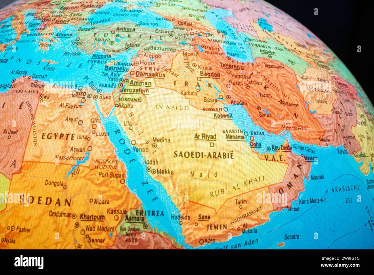 Dreidimensionales Bild eines Teils der Erde, in dem der nahe Osten angezeigt wird. Stockfoto