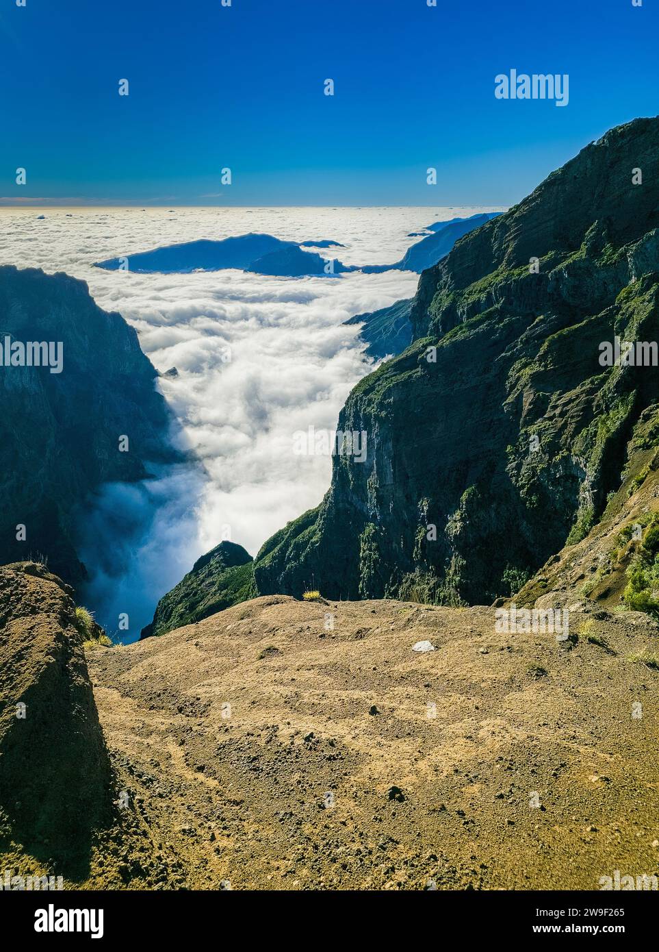 Eine majestätische Landschaft mit einer hohen Klippe mit einem kleinen weißen Punkt im Vordergrund, der sich über einem Nebelmeer erhebt Stockfoto