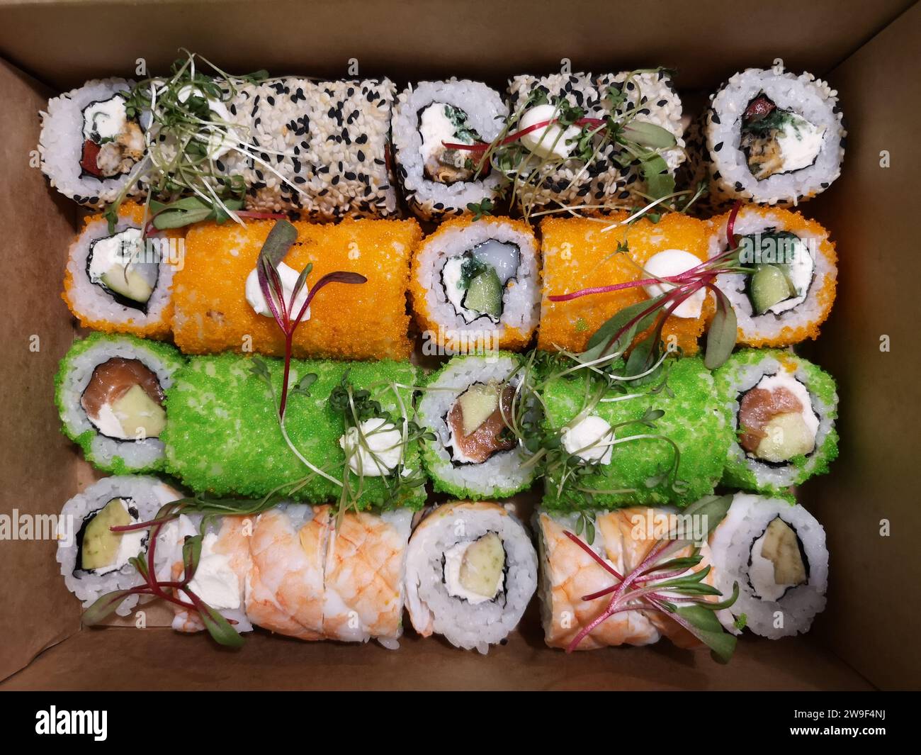 Eine farbenfrohe Auswahl an traditionellen japanischen Sushi-Brötchen in einem Behälter zum Mitnehmen Stockfoto