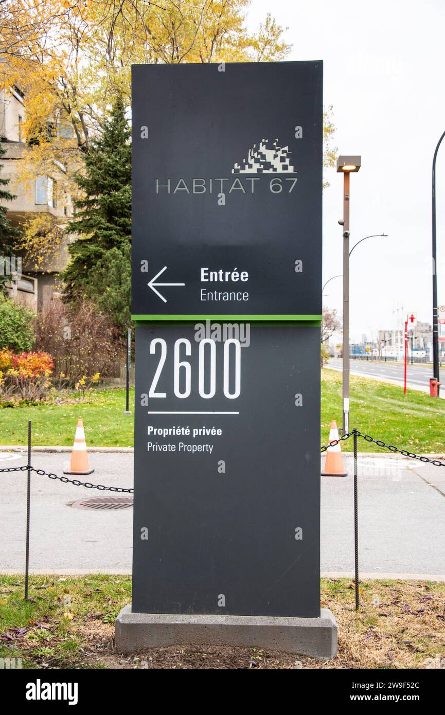 Habitat 67 Wohnungszeichen auf Pierre-Dupuy in Montreal, Quebec, Kanada Stockfoto